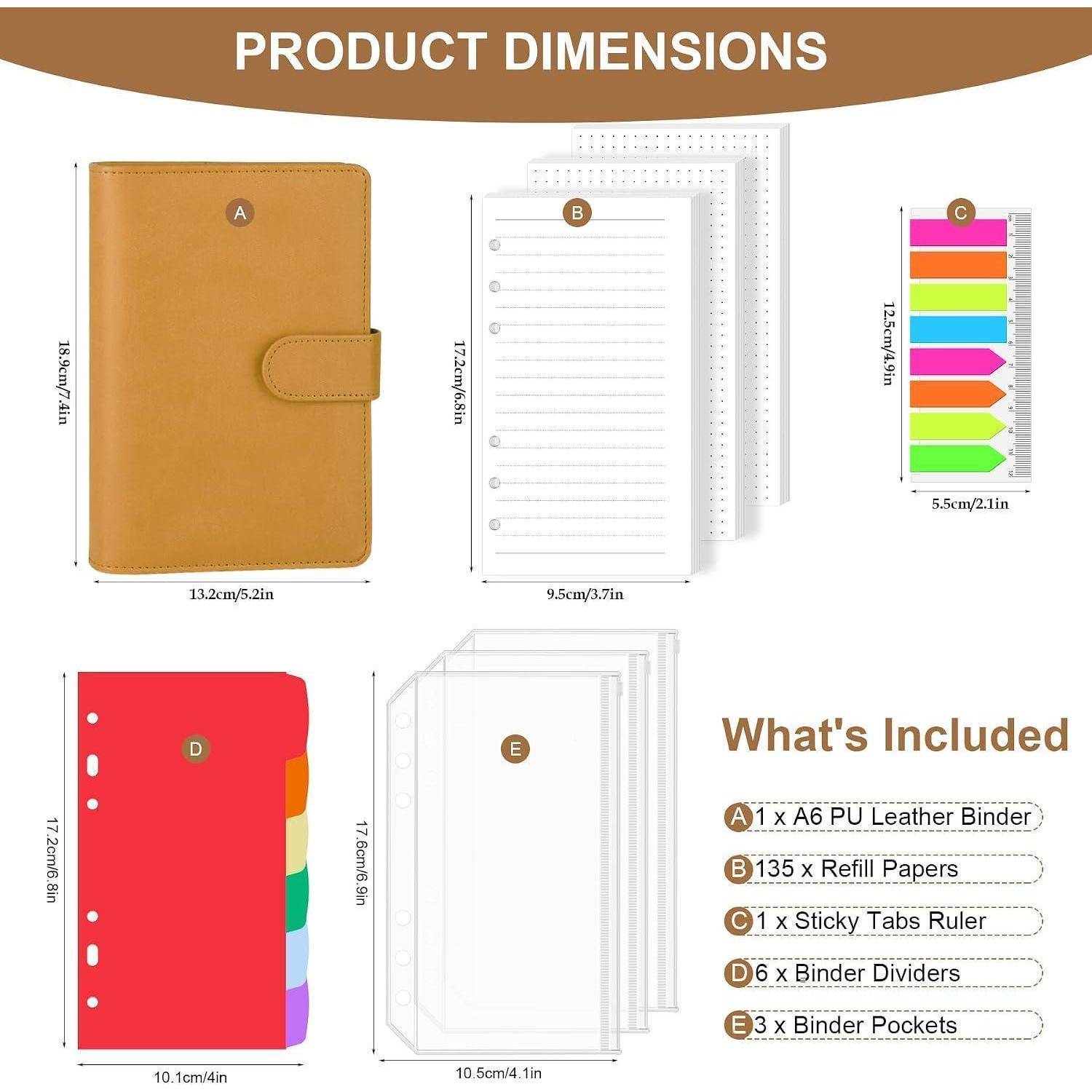 AKONEGE Ringbuch A6 PU-Leder nachfüllbares Notizbuch mit 135 Blatt 6 Löcher A6-Nachfüllpapier, Bindertaschen, Trennblätter, Haftmarkern, Planer-Or