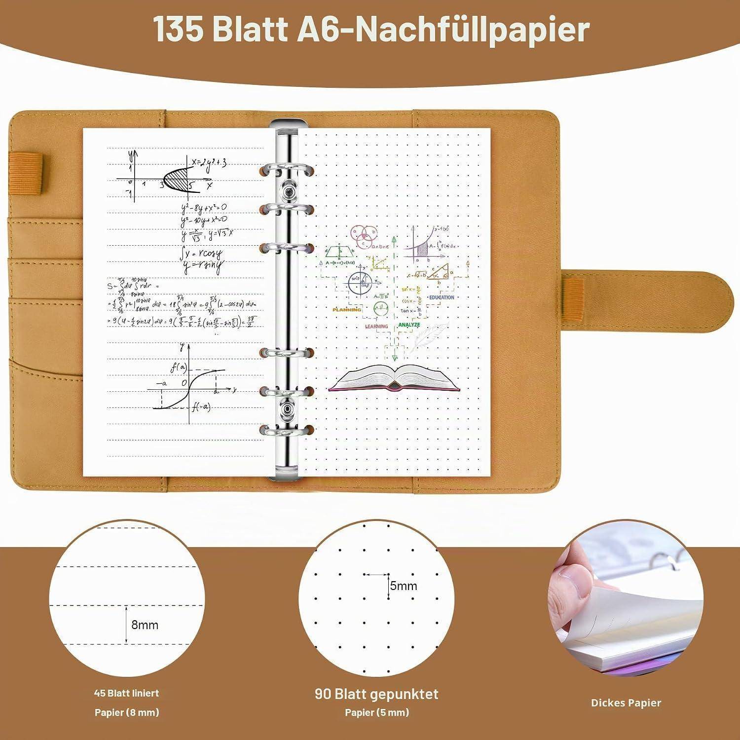 Brauner Ringbinder-Notizbuch mit Nachfüllpapier; Text besagt „135 Blatt A6-Nachfüllpapier