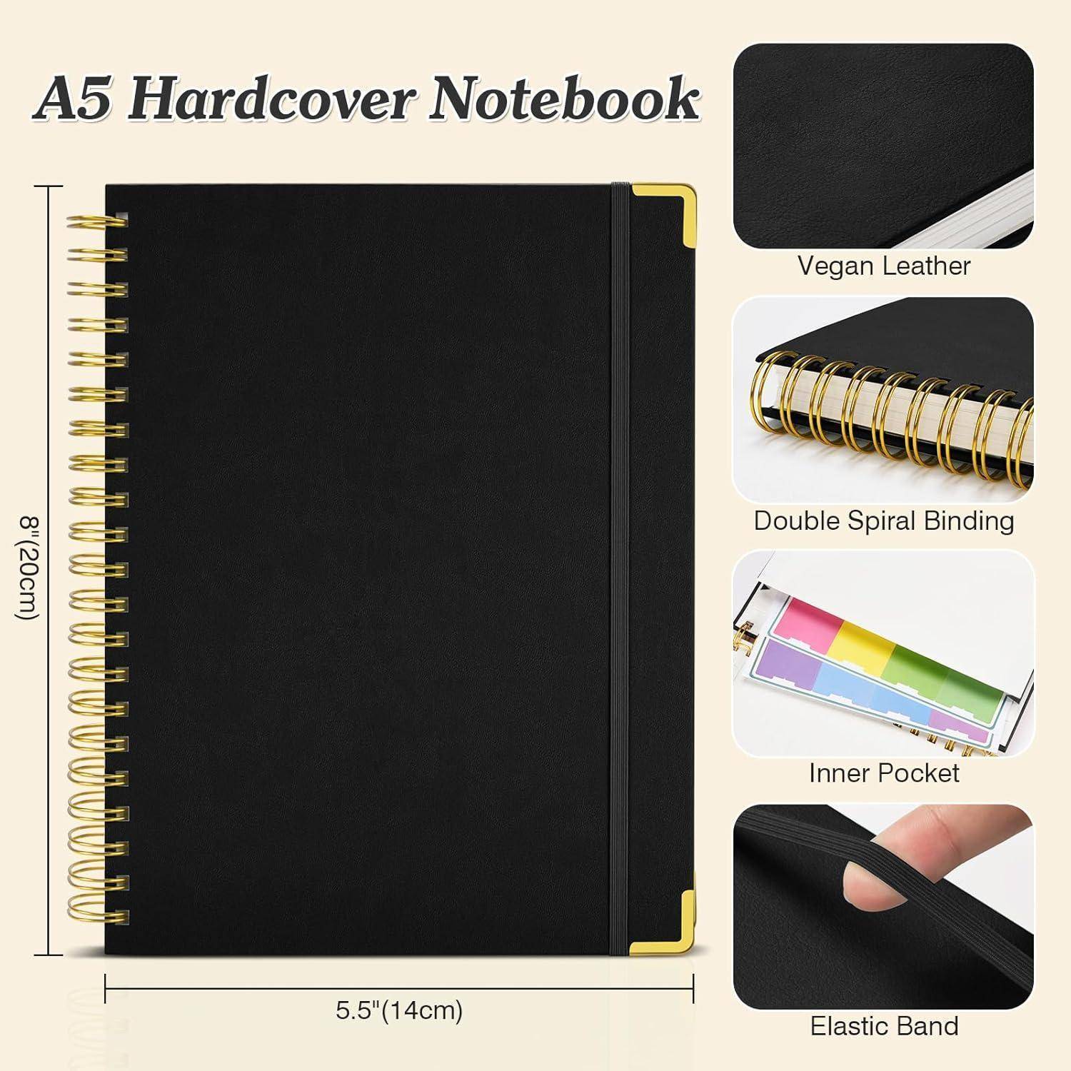 A5 Hardcover-Notizbuch mit schwarzem veganem Ledereinband, goldfarbener Doppelspiralbindung, Innentasche, Gummiband und Größe 8 x 5,5 Zoll.