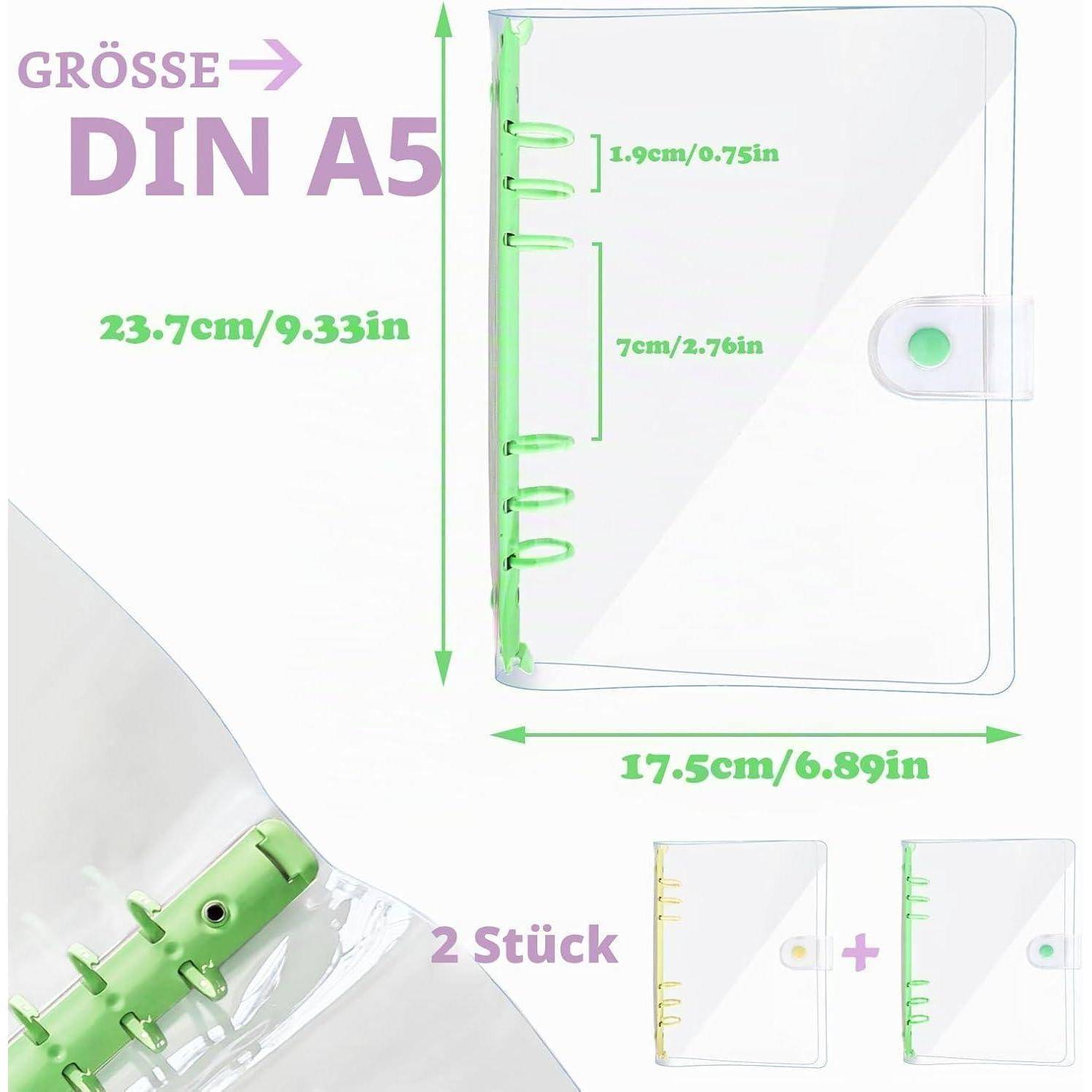 A5 transparenter Ringordner mit grünem Rücken und Druckknopfverschluss, gekennzeichnet mit den Abmessungen 23,7 cm x 17,5 cm, verkauft als 2 Stück.