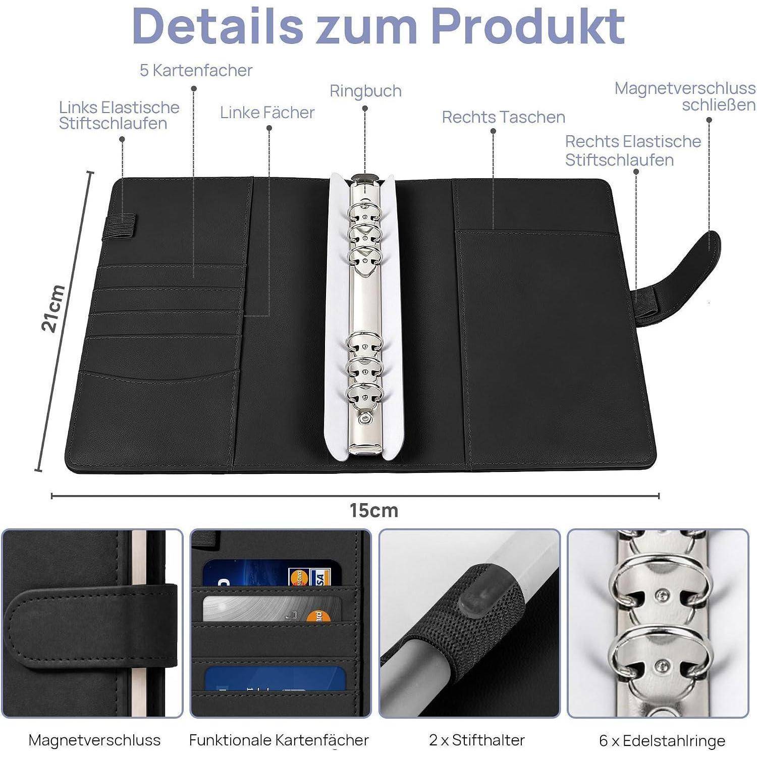 Schwarzer Ringordner-Organizer, dargestellt im offenen Zustand mit Taschen, 5 Kartenfächern, Stiftschlaufen und Magnetverschluss; Abmessungen 21 cm x 15 cm.