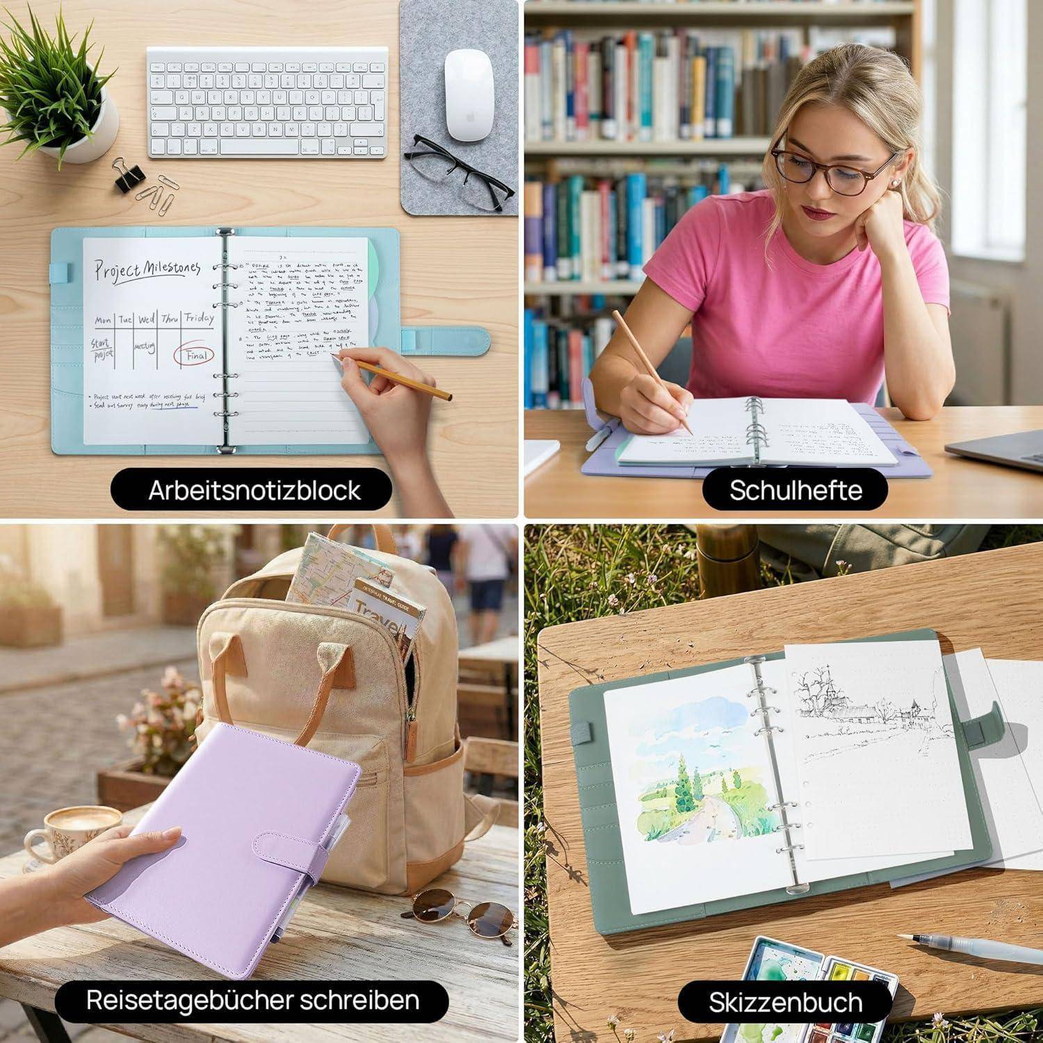 Eine vierteilige Collage zeigt Notizbücher in Gebrauch: Planungsnotizen an einem Schreibtisch, ein Student, der in einem Schulnotizbuch schreibt, ein Reisetagebuch und ein Skizzenbuch mit Zeichnungen.