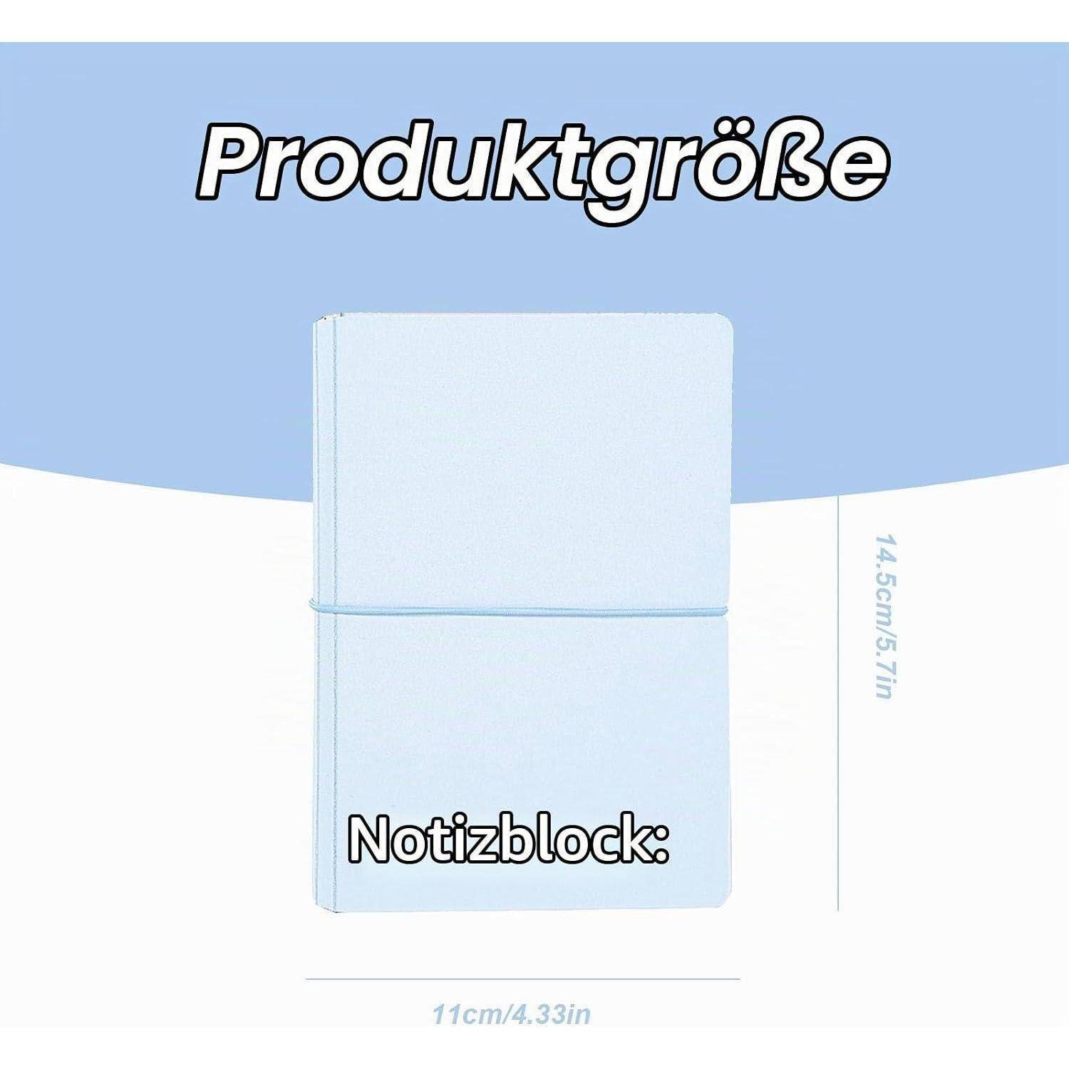 Blauer Notizblock mit Größenangaben: 11 cm breit und 14,5 cm hoch, beschriftet mit „Produktgröße