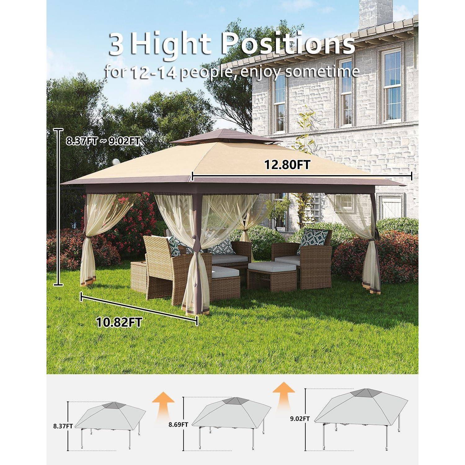 Außengartenpavillon mit Vorhängen, gekennzeichnet mit "3 Höhenpositionen"" für 12-14 Personen; zeigt Abmessungen von 3,90 m Breite, 3,30 m Tiefe und 2,55-2,75 m Höhe.