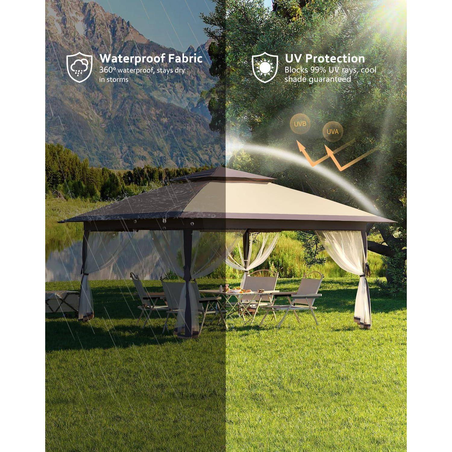 Gazebo im Freien im Split-Screen gezeigt: linke Seite im Sturm mit „Wasserdichter Stoff"; rechte Seite in der Sonne mit „UV-Schutz"", der UV-Strahlen blockiert.