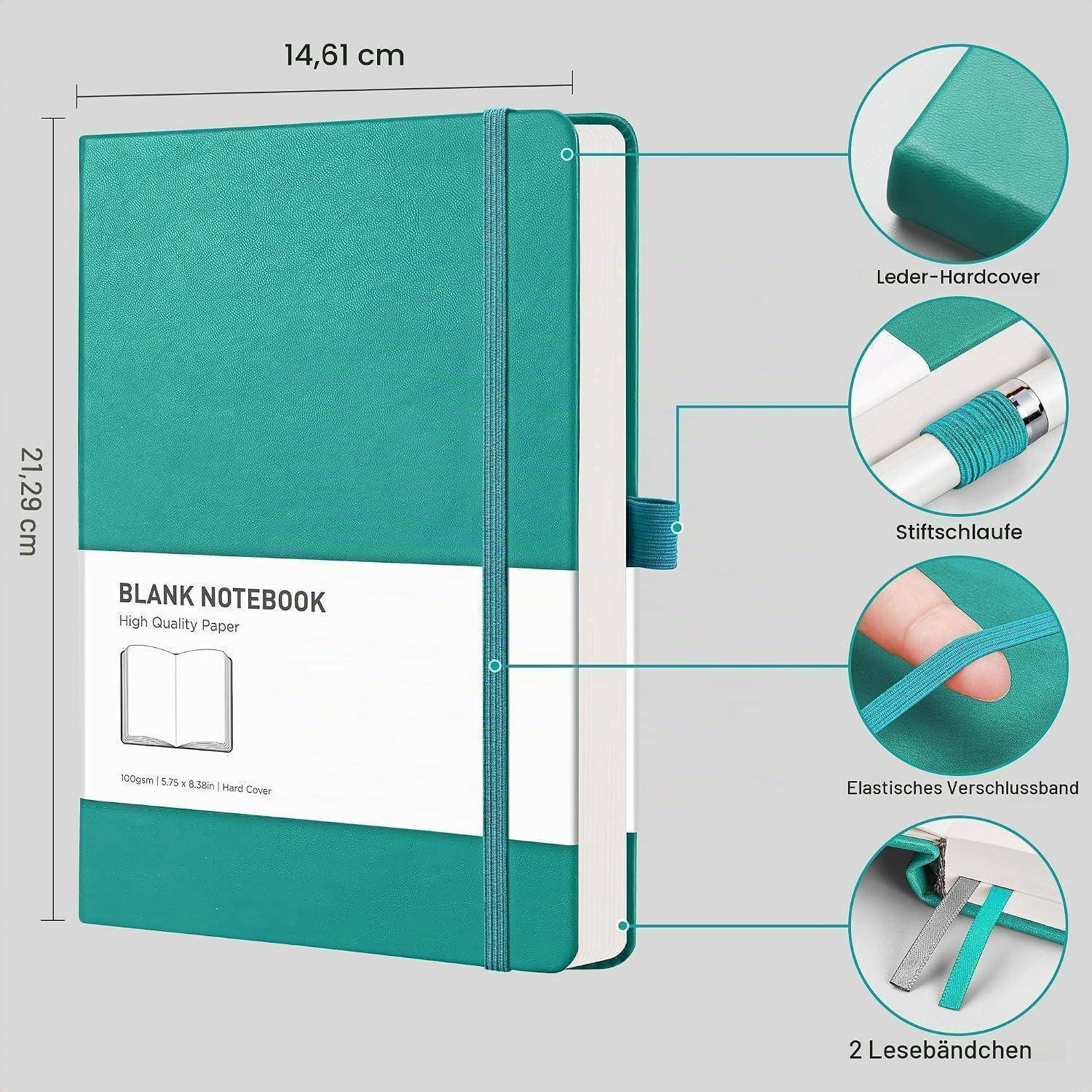 Notizbuch mit Hardcover in Teal-Farbe, elastischer Verschluss, Stiftschlaufe und zwei Lesezeichen aus Band; Abmessungen 14,61 cm x 21,29 cm.