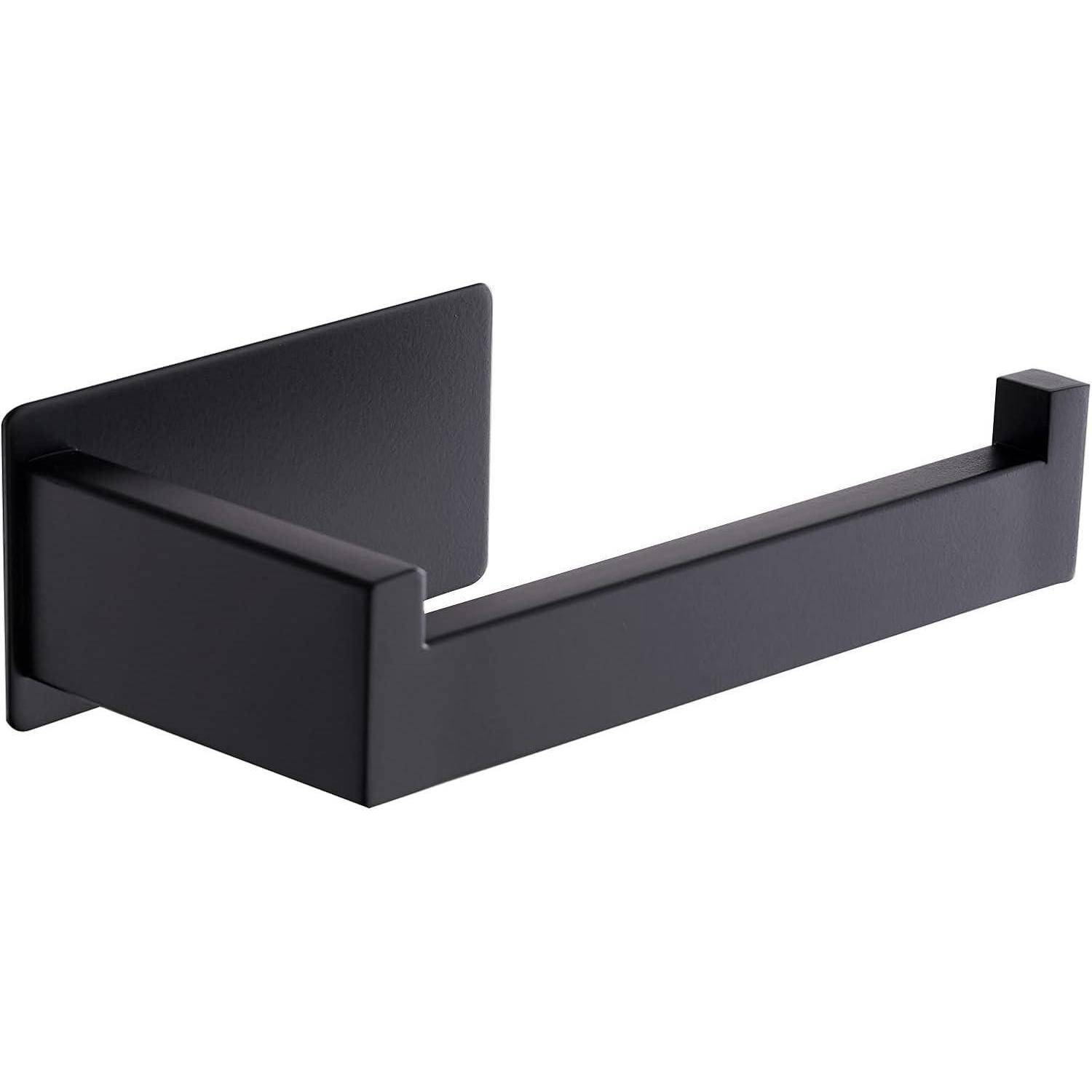 Schwarzer wandmontierter Toilettenpapierhalter mit modernem rechteckigem Arm und Befestigungsplatte, dargestellt vor weißem Hintergrund.