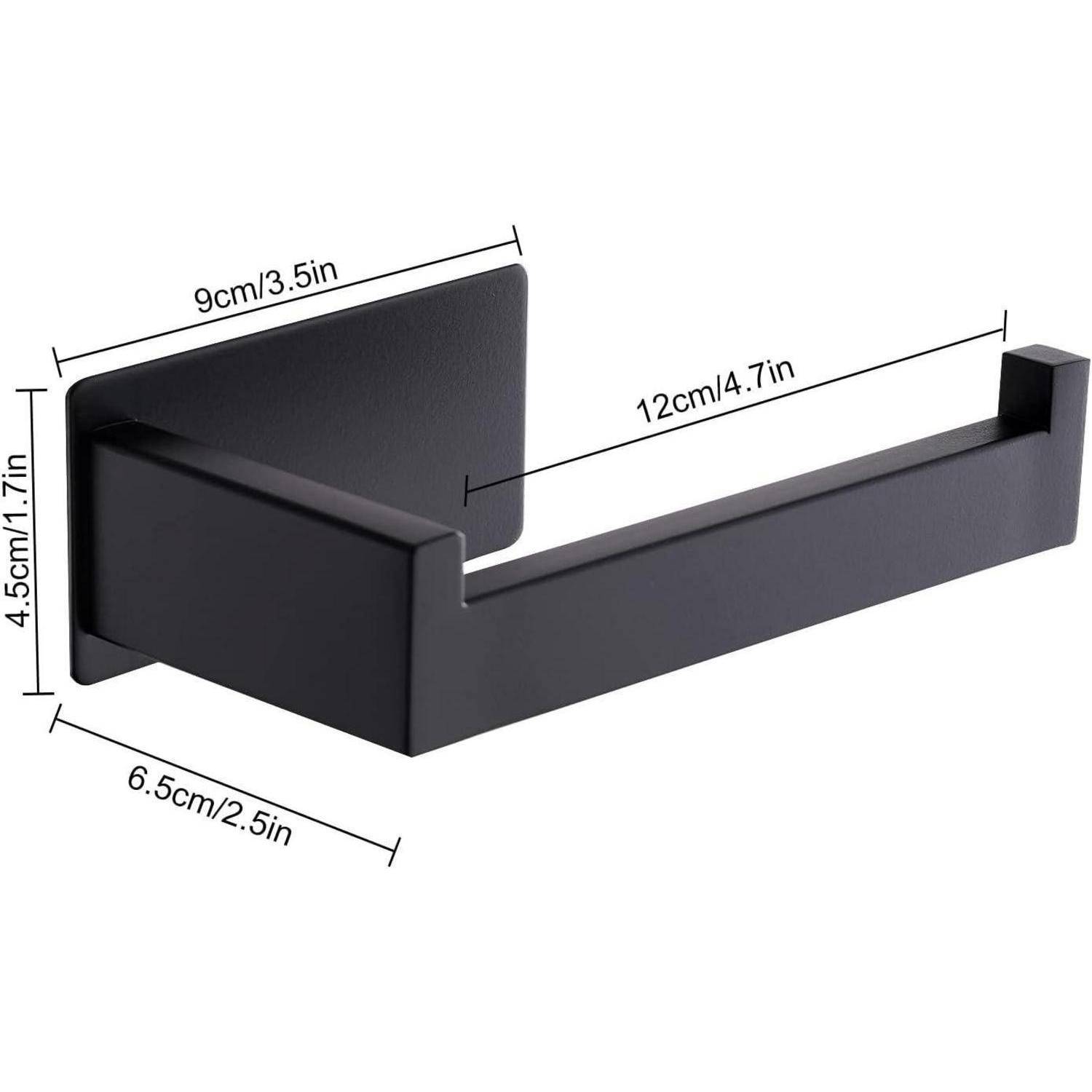 Schwarze wandmontierte Toilettenpapierhalter mit den Abmessungen: 12 cm lang, 9 cm breit, 4,5 cm hoch und 6,5 cm Tiefe.