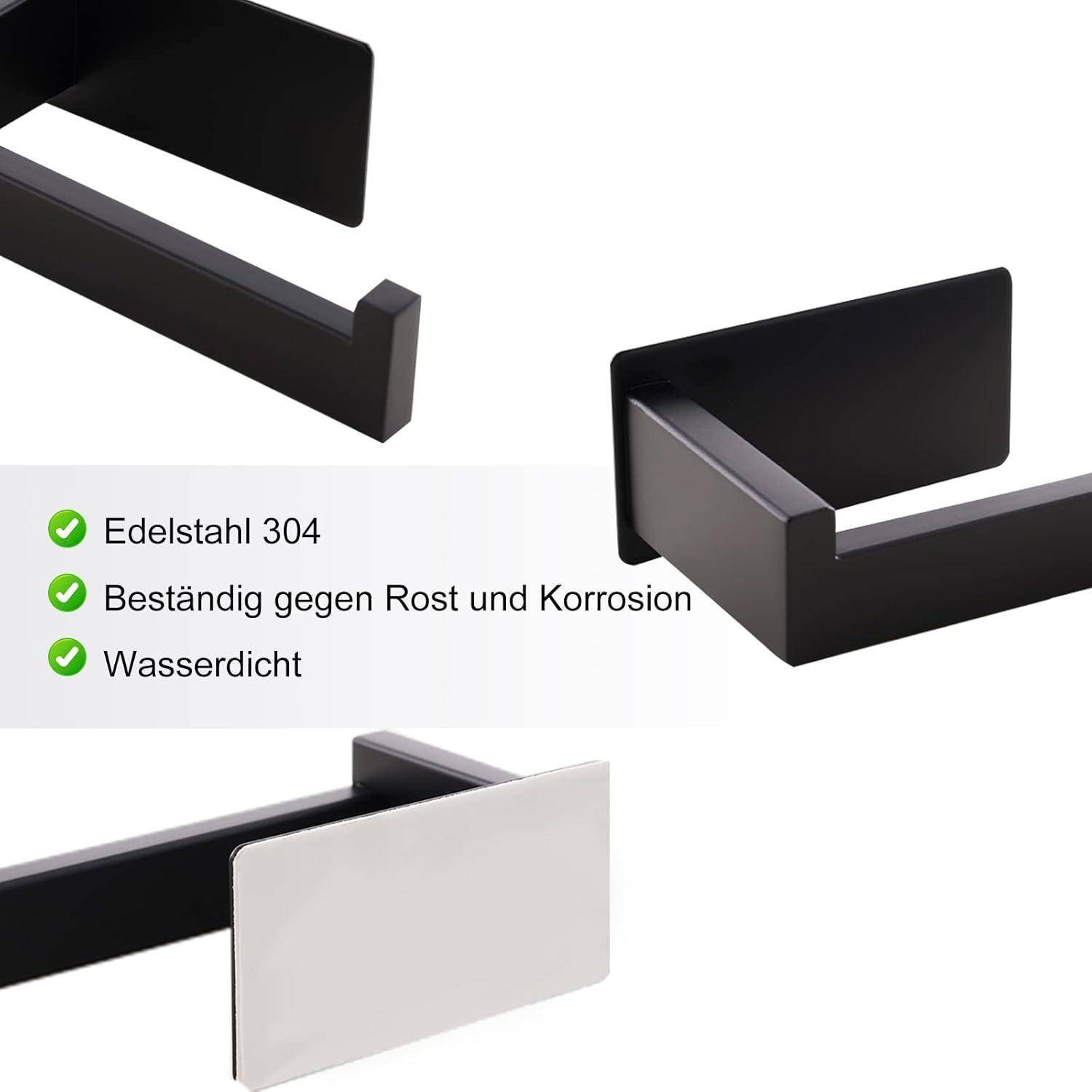 Produktbild von schwarzen und silbernen Metallschienenbefestigungen mit deutschem Text: „Edelstahl 304