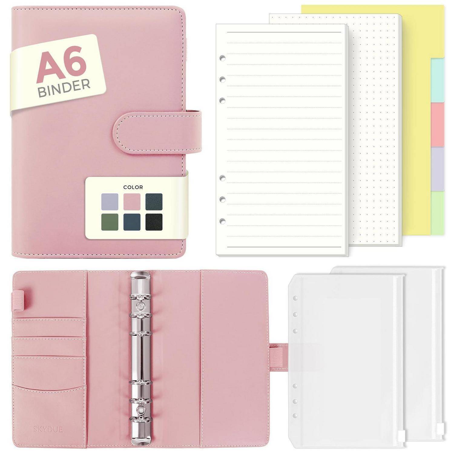 Rosa A6-Ringbinder-Organizer mit linierten und gepunkteten Nachfüllungen, geschlossen und offen dargestellt mit Taschen-Trennblättern und Farbmustern.