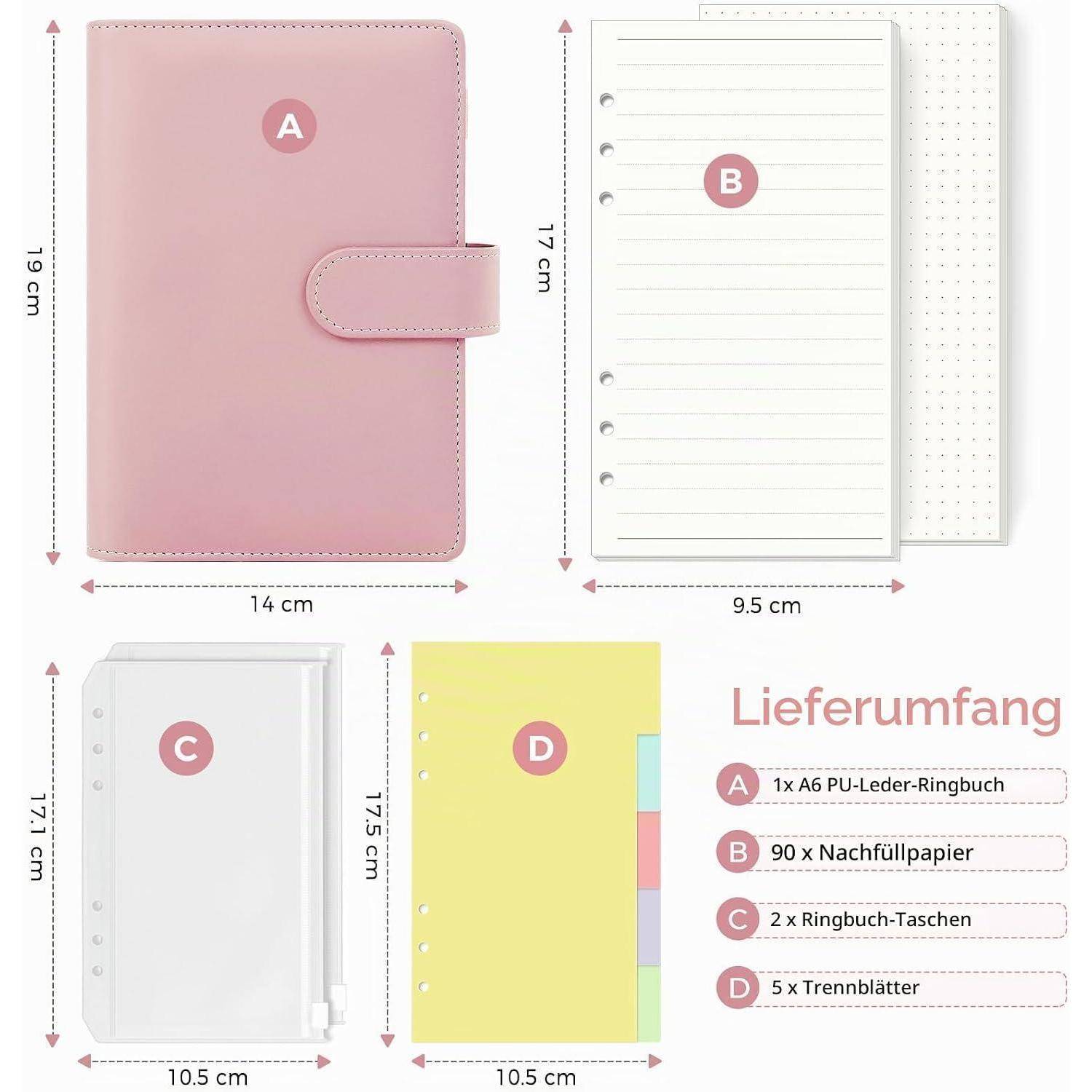 # Vergleichsbild eines rosa DIN A6 Ringordners und passendem Papier zum Nachfüllen mit beschrifteten Abmessungen und einer deutschen Inhaltsliste für enthaltenen Ordner, Papier, Taschen und Trennblätter.