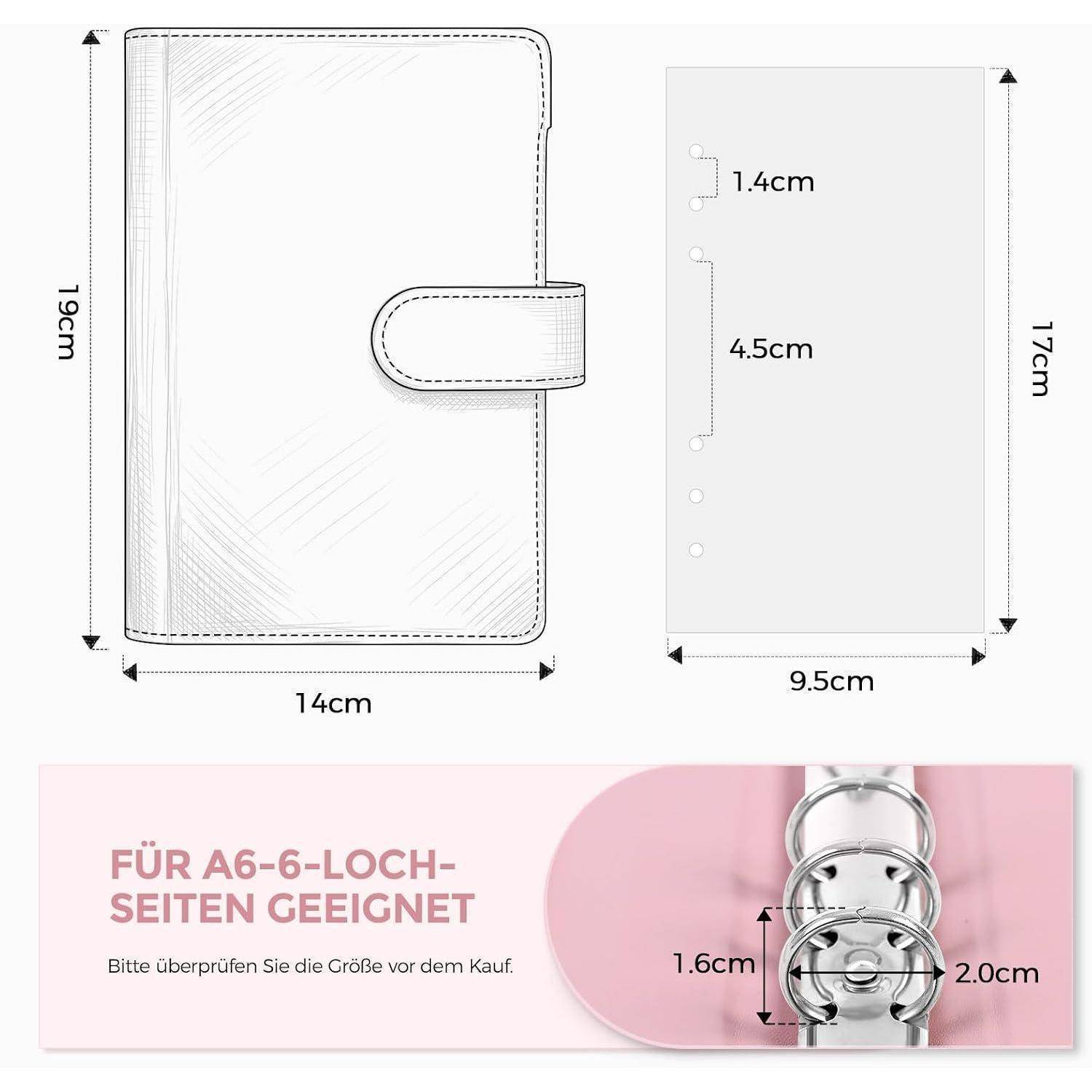 Illustration eines ringgebundenen A6-Notizbuchcovers mit Abmessungen 19cm x 14cm und Einsatzgröße 17cm x 9,5cm; der Text besagt „Für A6-6-Loch-Seiten geeignet
