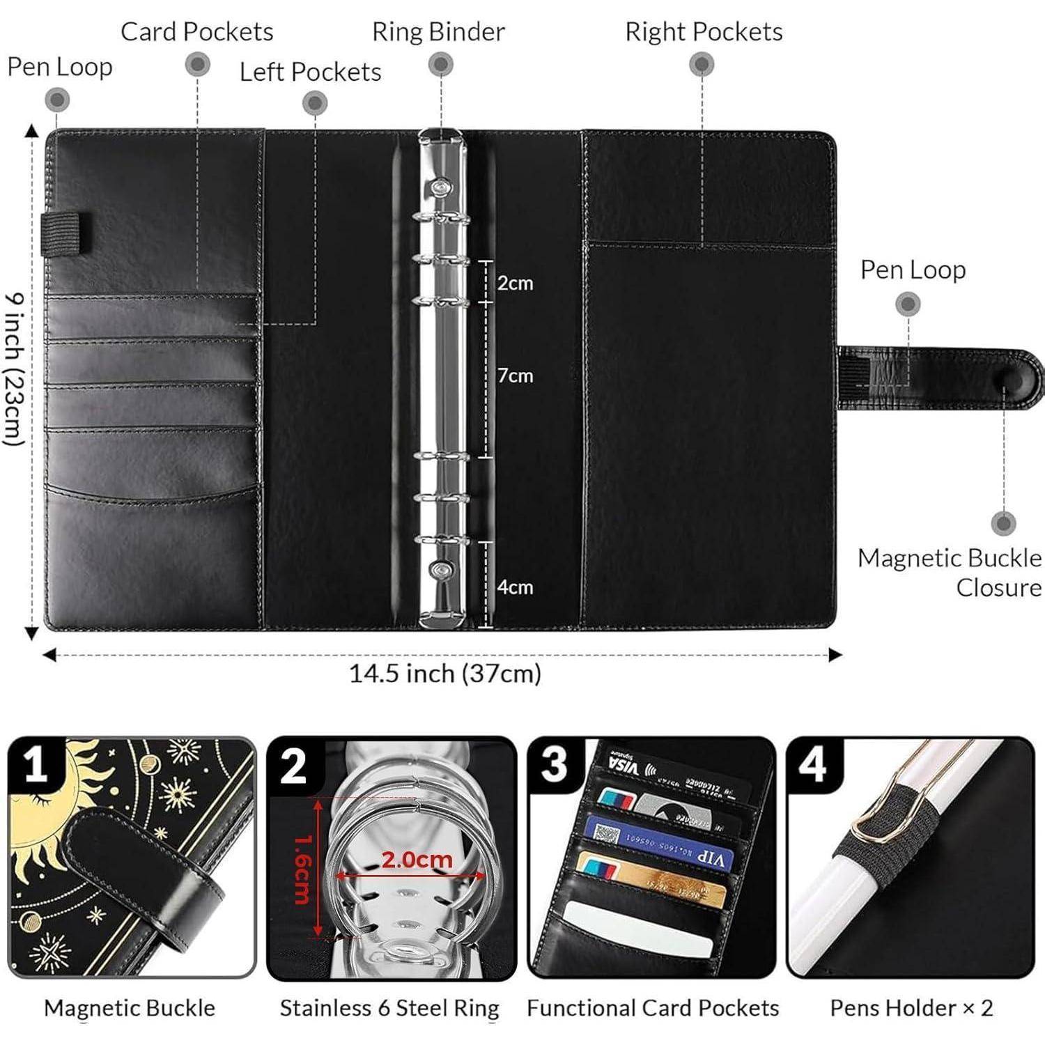 Schwarzer Ring-Ordner mit Organizer, Stiftschlaufen, Kartenfächern, rechten Taschen, magnetischem Verschluss und Abmessungen von 14,5 x 9 Zoll; eingefügte Nahaufnahmen zeigen Verschluss, Ringe, Taschen und Stifthalter.