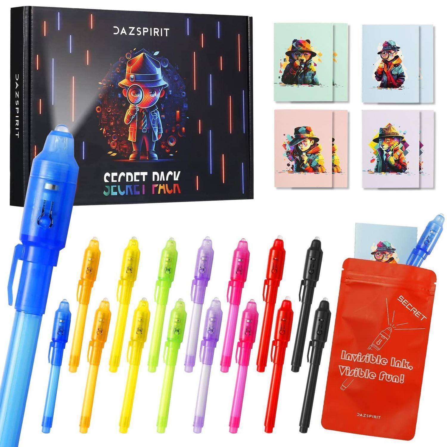 Farbenfrohe Geheimnis-Packung unsichtbarer Tintenstift-Spionageset und Verpackung, mit mehreren Stiften in verschiedenen Farben und vier illustrierten Notizbüchern.