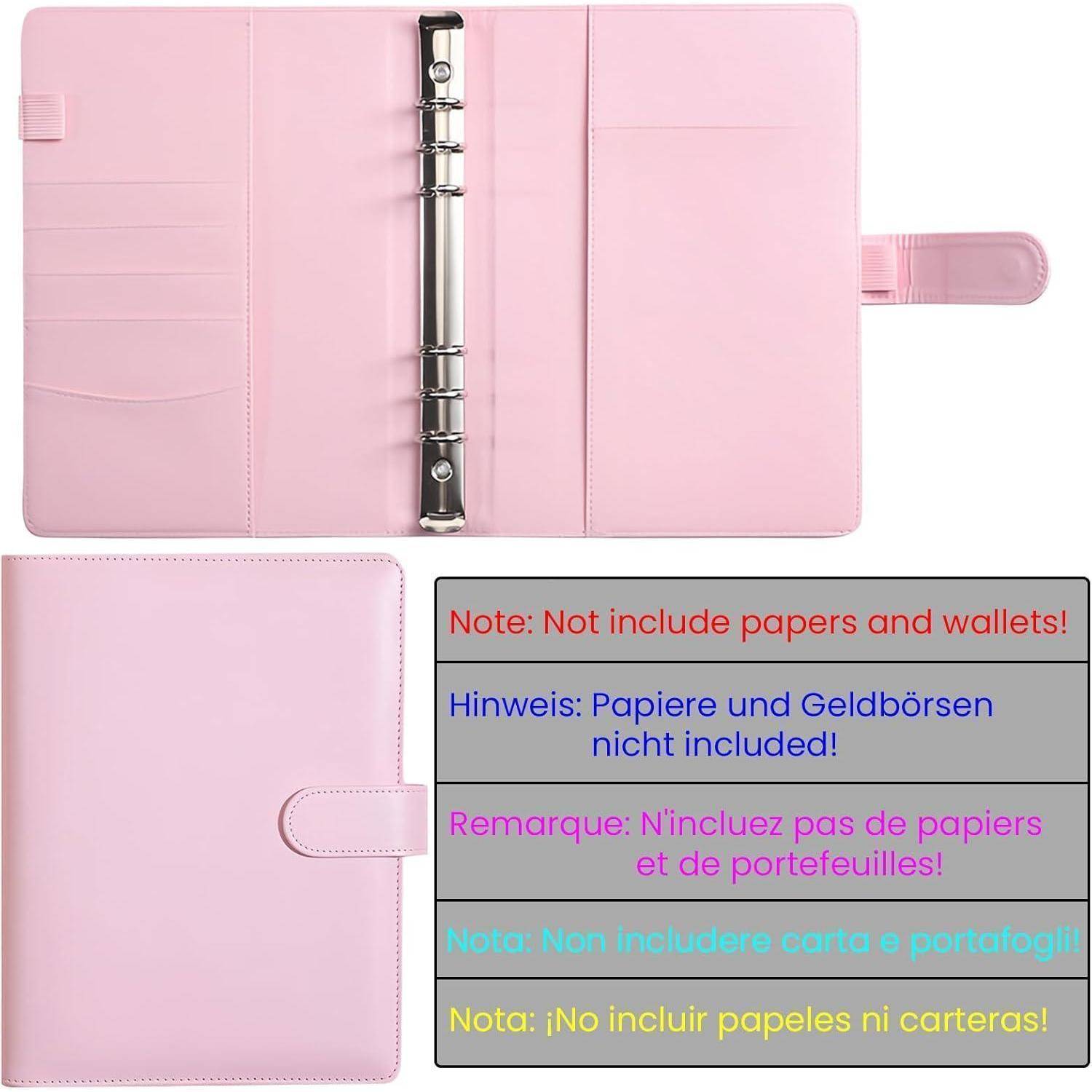 Ringbinder-Plannercover in Rosa, geöffnet und geschlossen dargestellt; Hinweis besagt, dass Papiere und Geldbörsen nicht im Lieferumfang enthalten sind, in mehreren Sprachen.