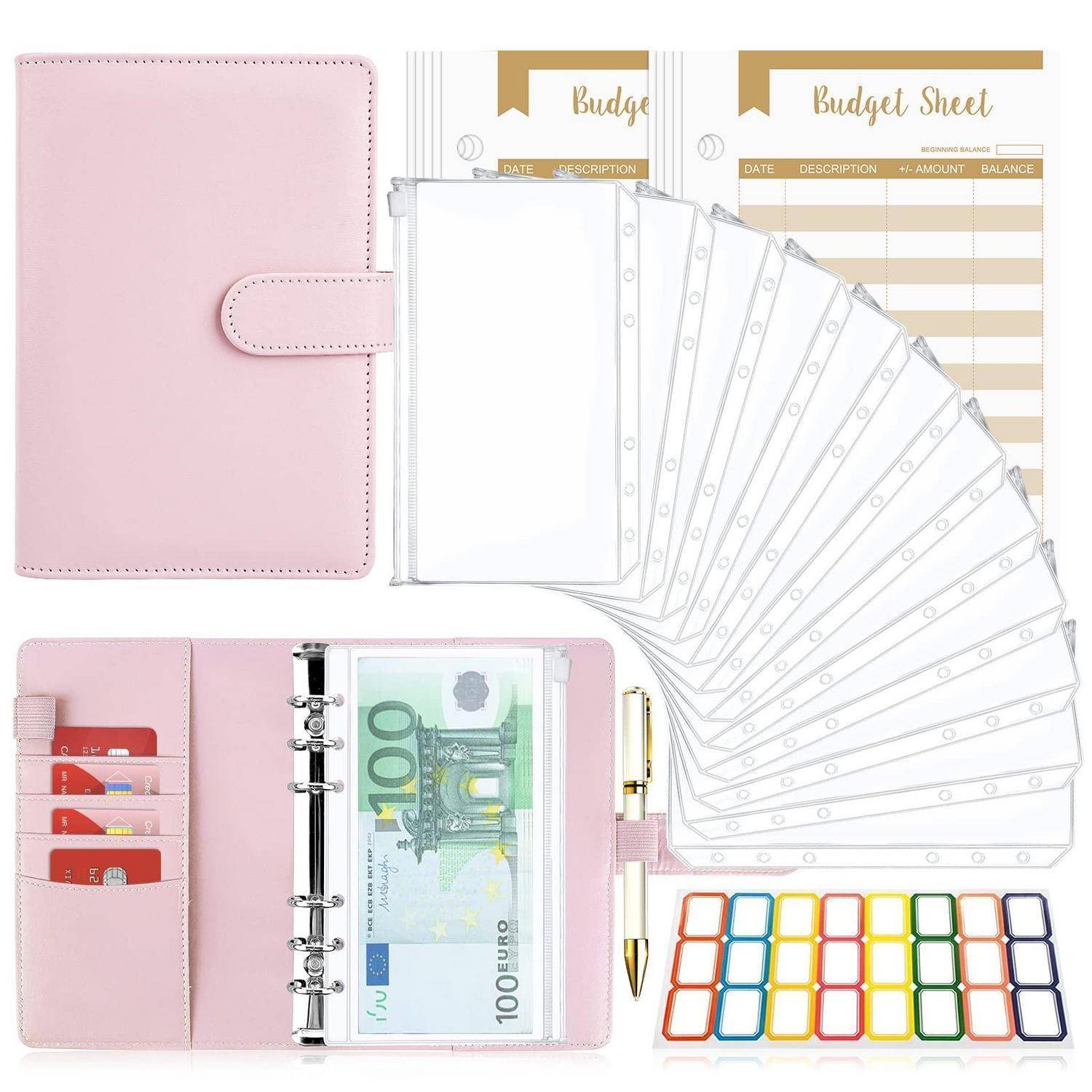 Rosafarbenes Budget-Ordner-Set mit Umschlägen für Bargeld, Budget-Blättern, Kartensteckplätzen, Stift und farbenfrohen Aufklebern zum Organisieren der Finanzen.