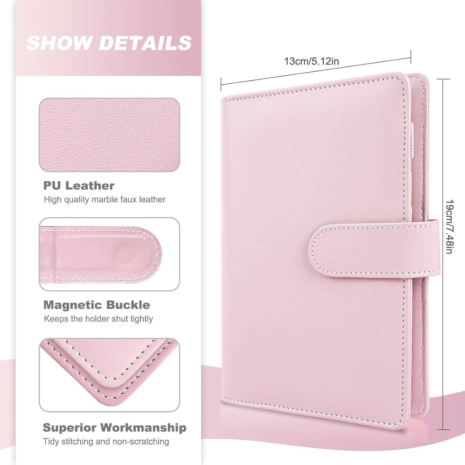 Rosa PU-Ledernotizbucheinband mit magnetischer Schnalle und genähten Kanten, gezeigt mit Detailpanel und Größenmessungen 13 cm x 19 cm.