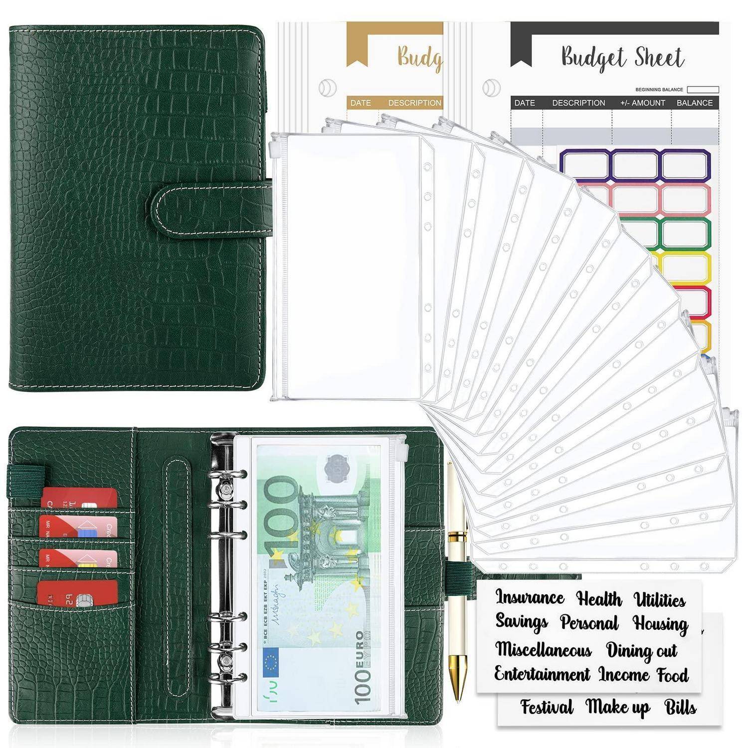 Grüner Ledgerhaushaltsbinder mit Registern, Kartenfächern, Geldkassette und Budgetblättern, gezeigt offen und geschlossen mit beschrifteten Ausgabenkategorien.