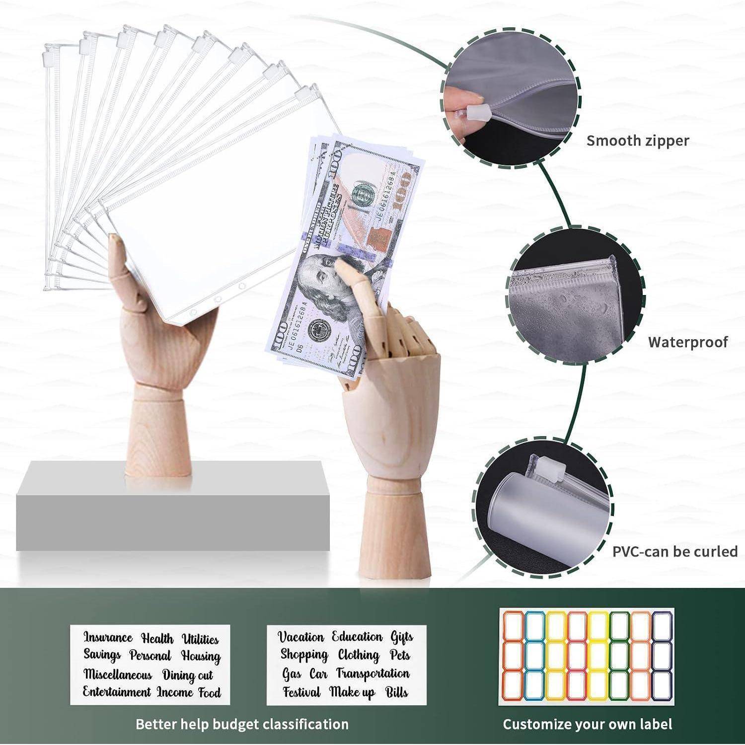 Werbegrafik für ein transparentes Reißverschluss-Portemonnaie: eine Hand hält Bargeld, eine andere fächert durchsichtige Taschen auf; Beschriftungen sagen „Glatter Reißverschluss