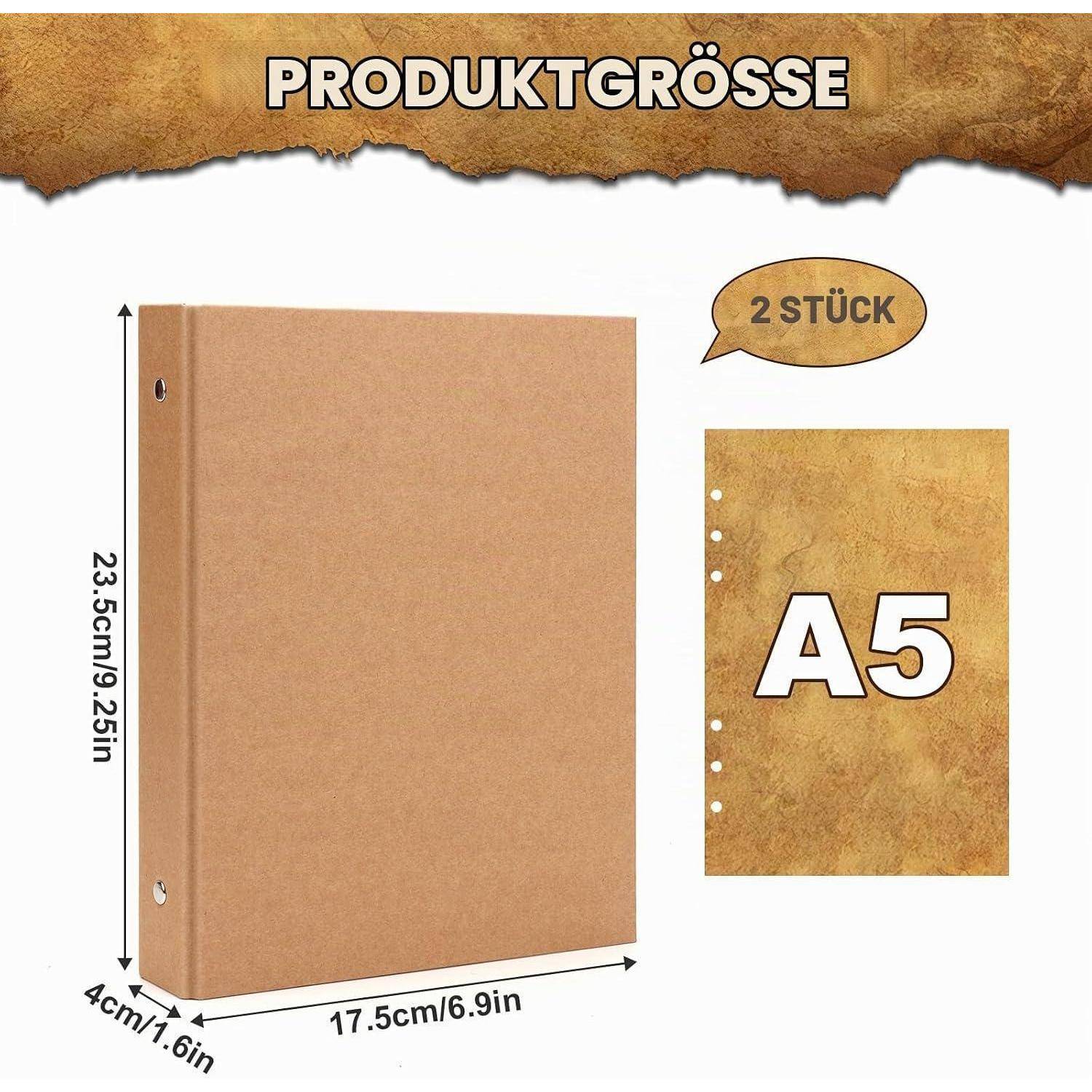 Produktgrößengrafik zeigt einen braunen A5-Ordner, 23,5 cm hoch, 17,5 cm breit, 4 cm tief; Packung enthält 2 Stück.
