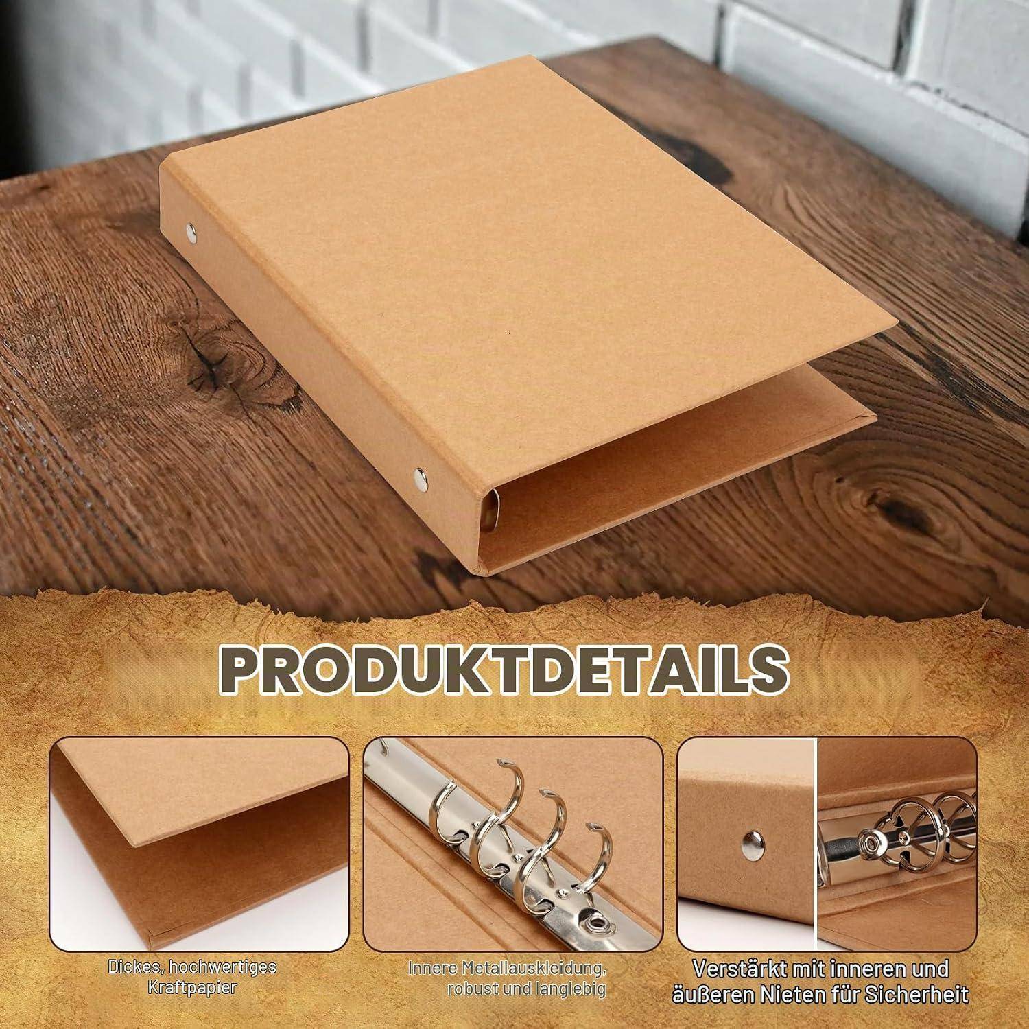 Beige Ordner im Ordnerstil auf einem Holztisch, gezeigt mit Produktdetail-Einsätzen, die einen Metallringmechanismus und verstärkte Kanten hervorheben.