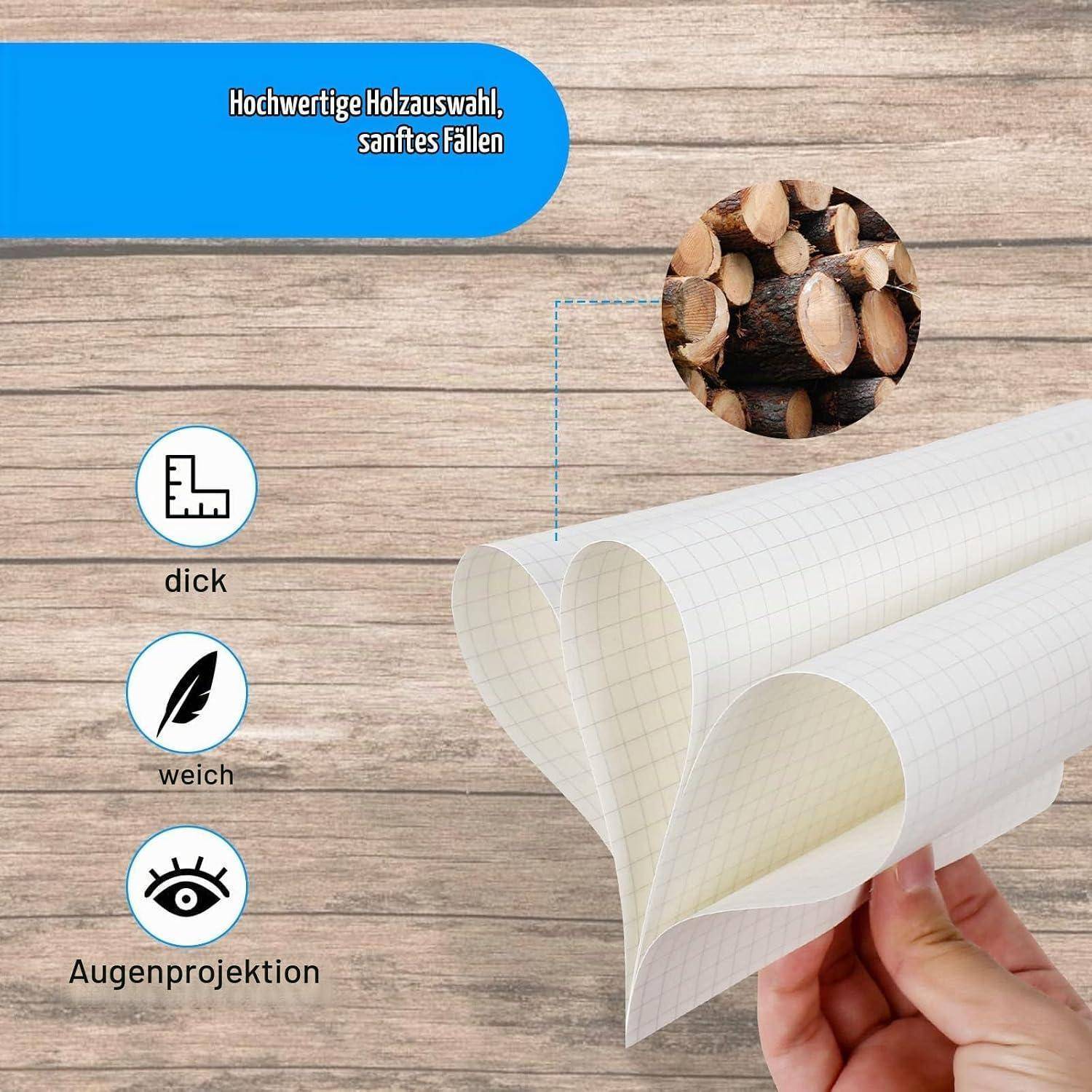 Infografik aus dickem, weichem Papier mit Augenbild, hergestellt aus hochwertigem Holz und sanfter Verarbeitung; deutsche Beschriftungen werden angezeigt.