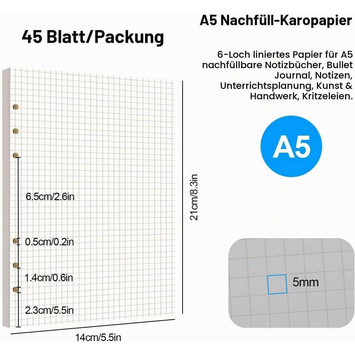 Produktbild einer A5-Nachfüllpapierpak: 45 Blätter, 6-Loch kariertes Papier für Notizbücher, 14 cm x 21 cm, mit 5-mm-Quadraten.