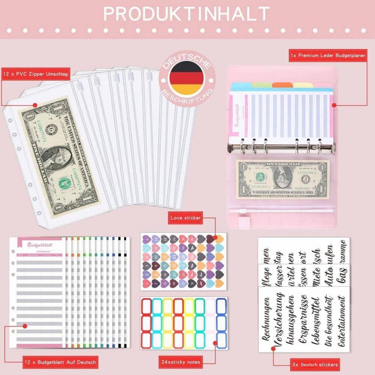 Übersicht des rosafarbenen Produktinhalts mit einem Budget-Ordner-Set: 12 PVC-Reißverschlusshüllen, hochwertiger Lederbudget-Planer, Budget-Blatt-Einsatz, 24 Haftnotizen und 3 deutsche Aufkleberbogen.