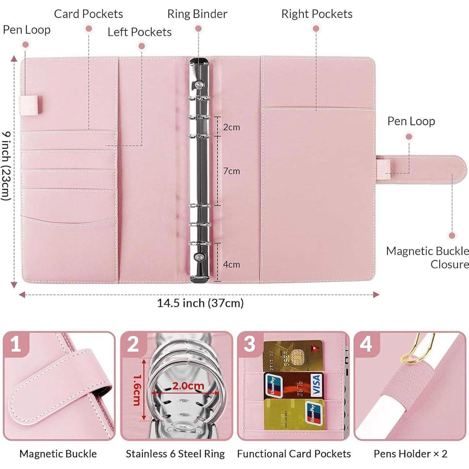Kommentierter rosa Ringordner-Planner-Umschlag mit Stiftschlaufen, Kartenfächern, magnetischer Schnallenverschluss und 6er-Ringmechanismus; Abmessungen angegeben als 14,5 x 9,6 Zoll.