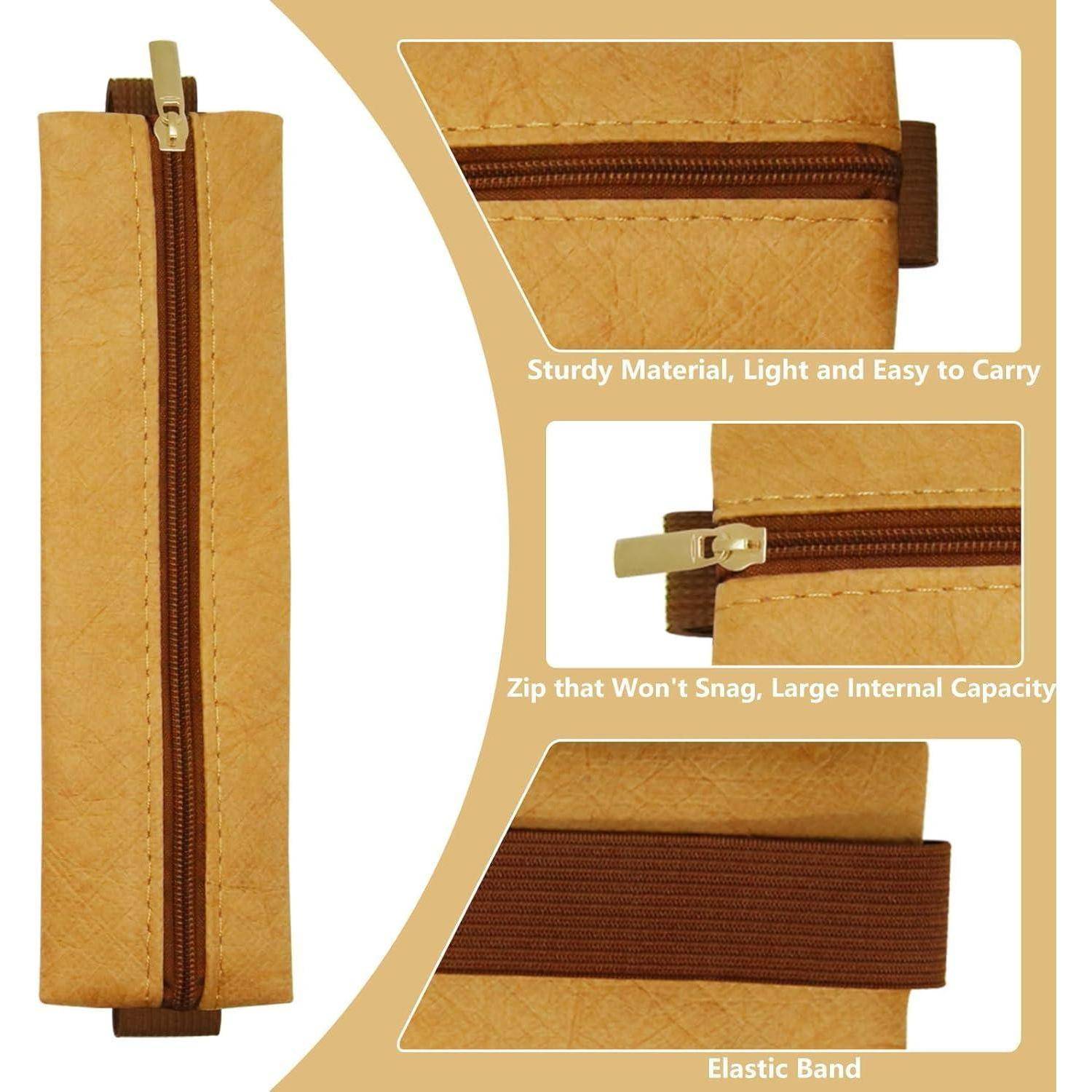 Produktbild eines beige Stiftetuis mit Reißverschluss mit Nahaufnahmen, die das robuste Material, den snaggingfreien Reißverschluss und das elastische Band zur Aufbewahrung hervorheben.