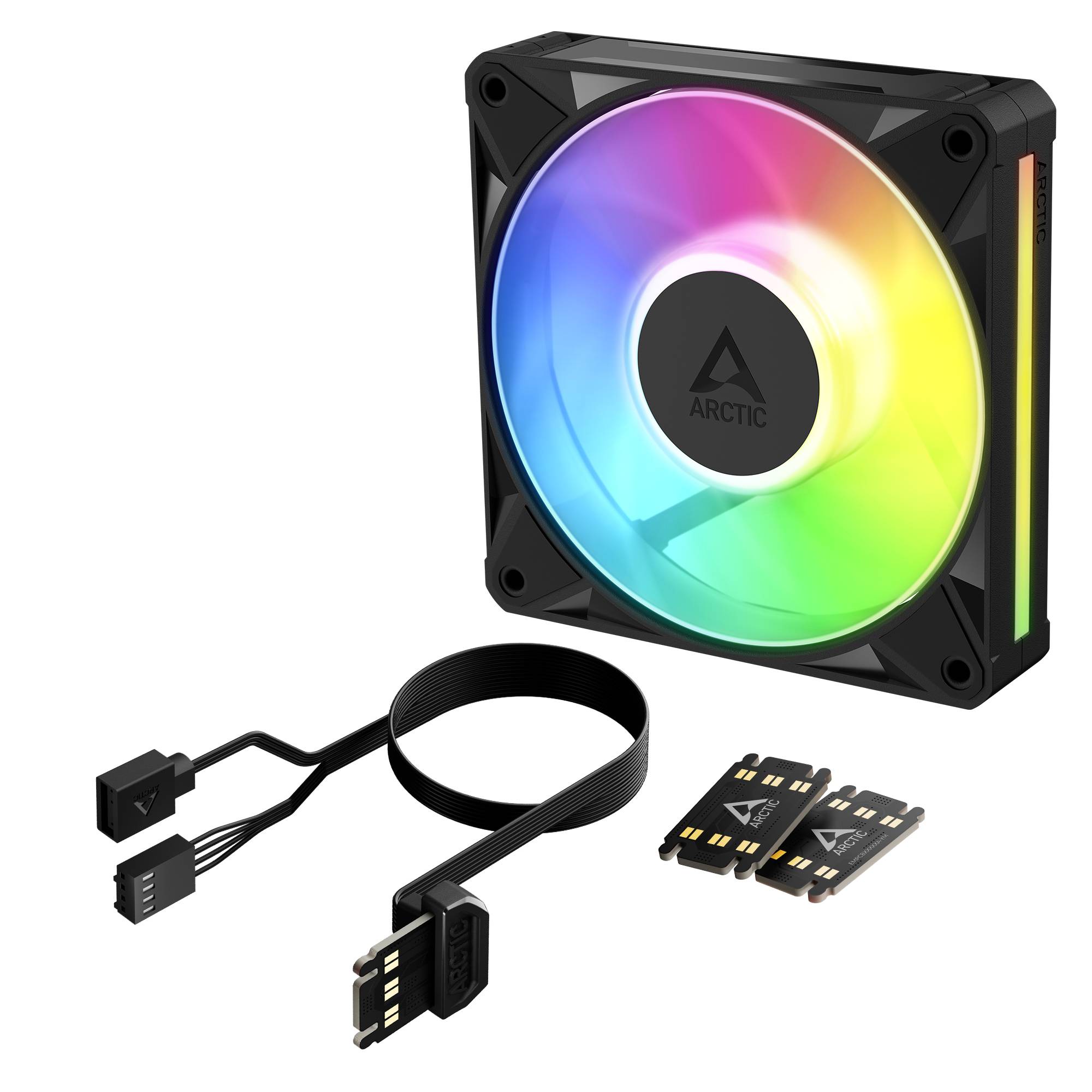 ARGB-Computerkühler mit Regenbogen-LED-Ring, plus Kabel, Controller und Stecker auf weißem Hintergrund dargestellt.