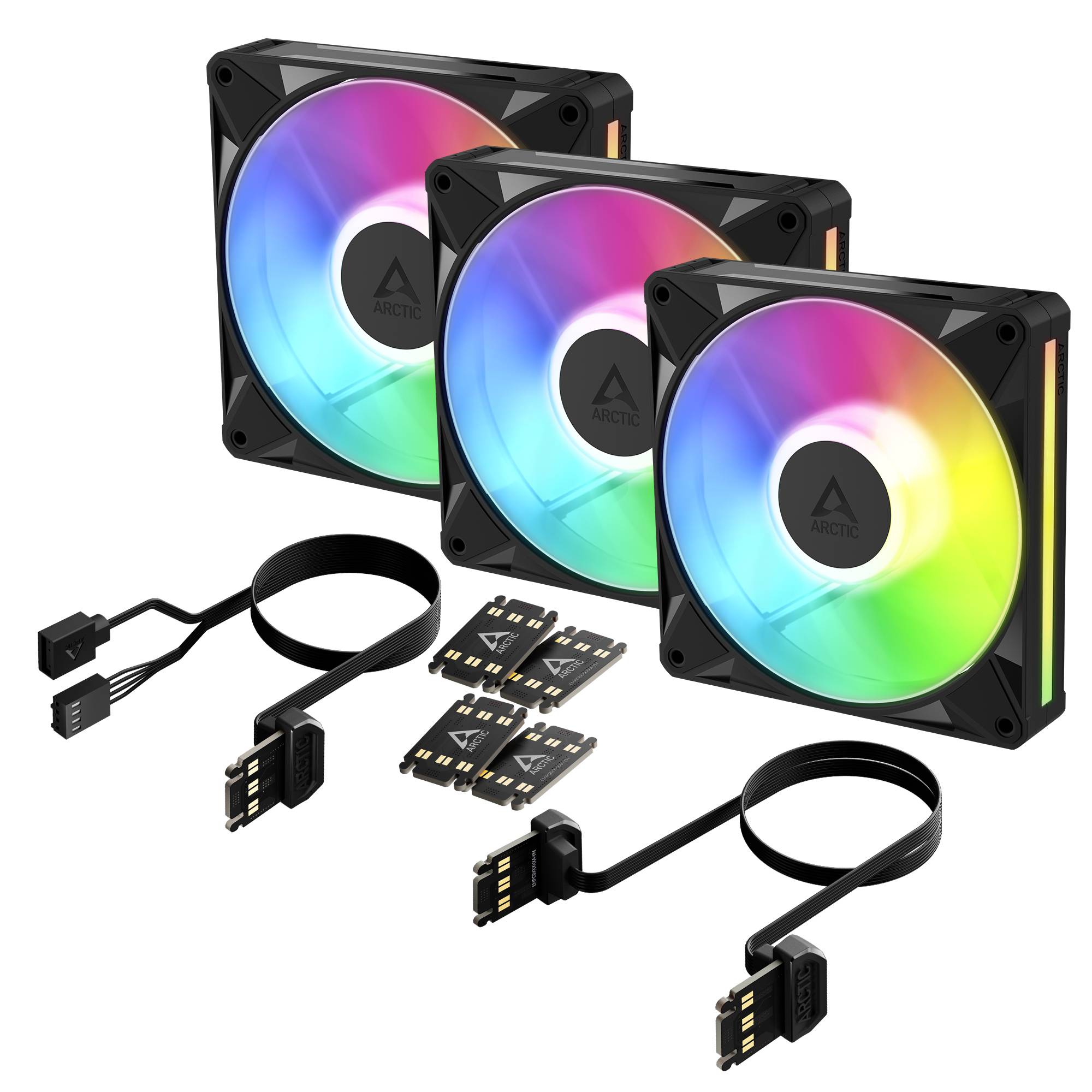 Drei RGB-Computerkastenventile mit leuchtenden Regenbogenschaufeln, plus zwei schwarze Kabel und vier Befestigungsschrauben auf weißem Hintergrund.