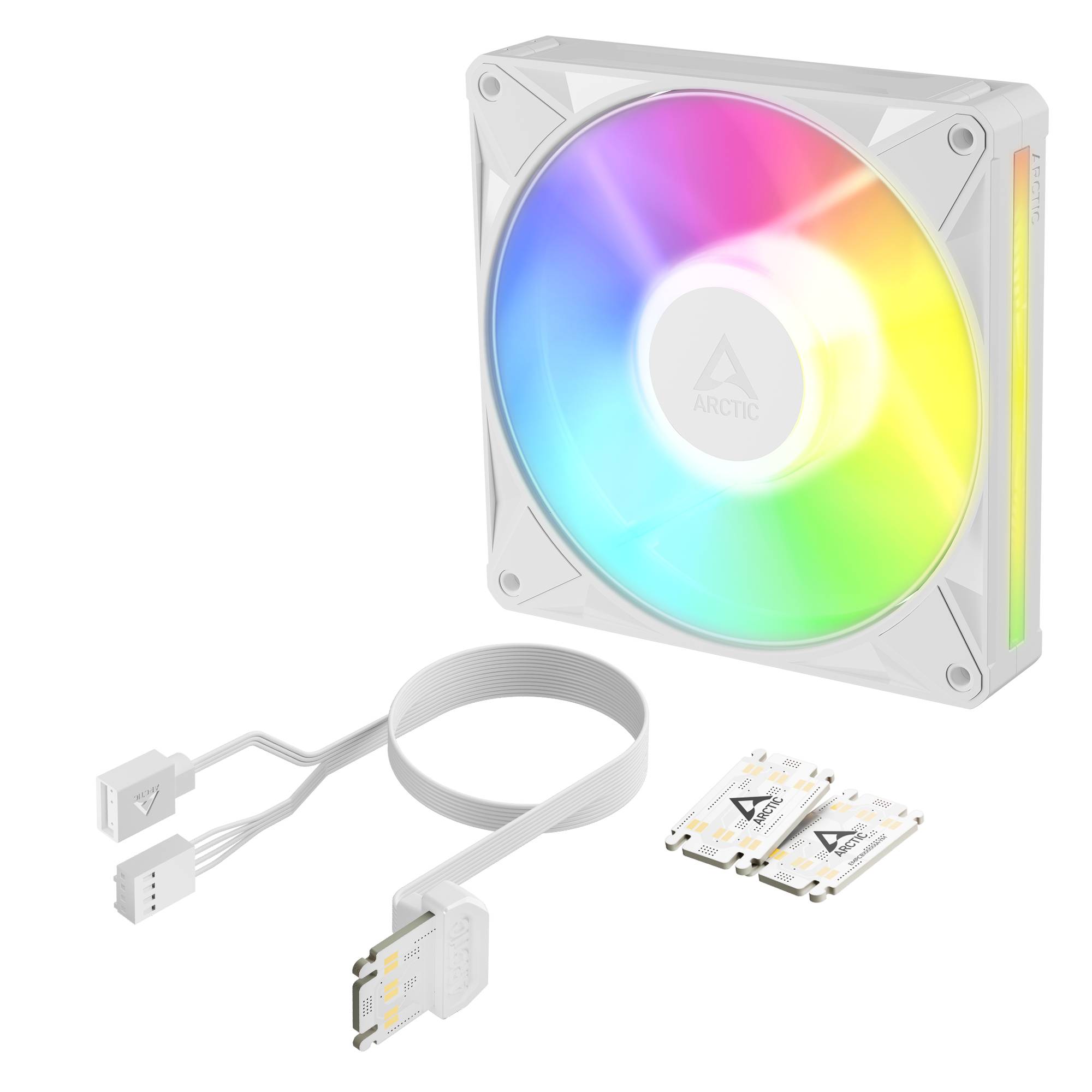 ARGB-Computerlüfter mit regenbogenbeleuchtetem Schaufelrad, verbunden durch ein Kabel, gezeigt mit Montagezubehör und zwei Adapterplatten.