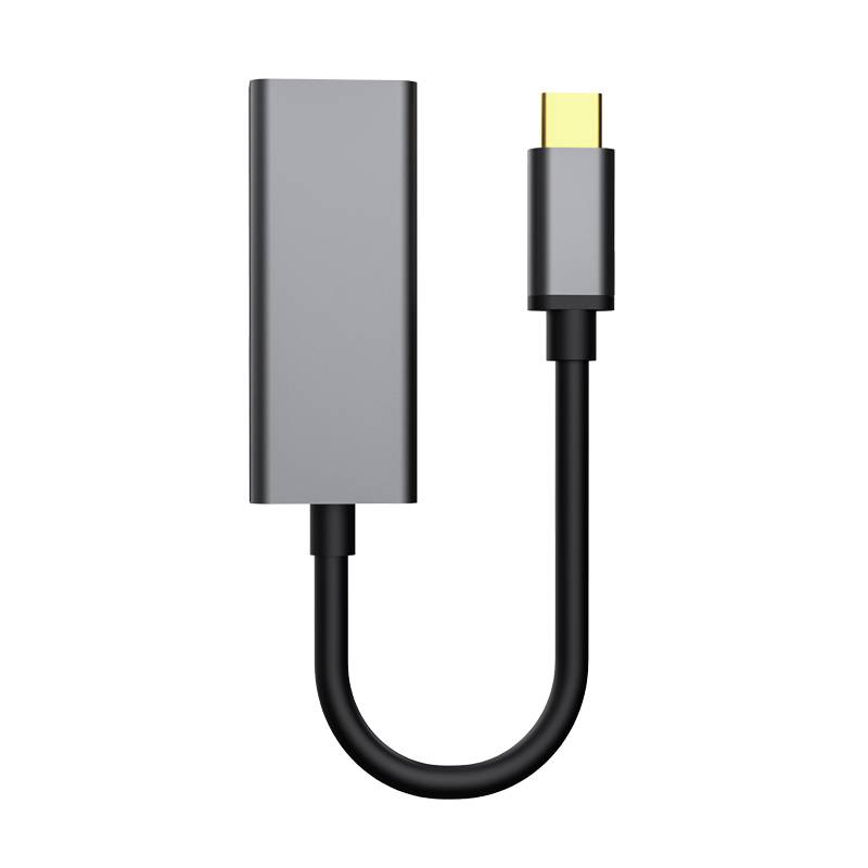 USB-C-Adapterkabel mit einem rechteckigen grauem Hub und einem kurzen schwarzen Kabel, das in einen USB-C-Stecker endet, freigestellt auf weißem Hintergrund