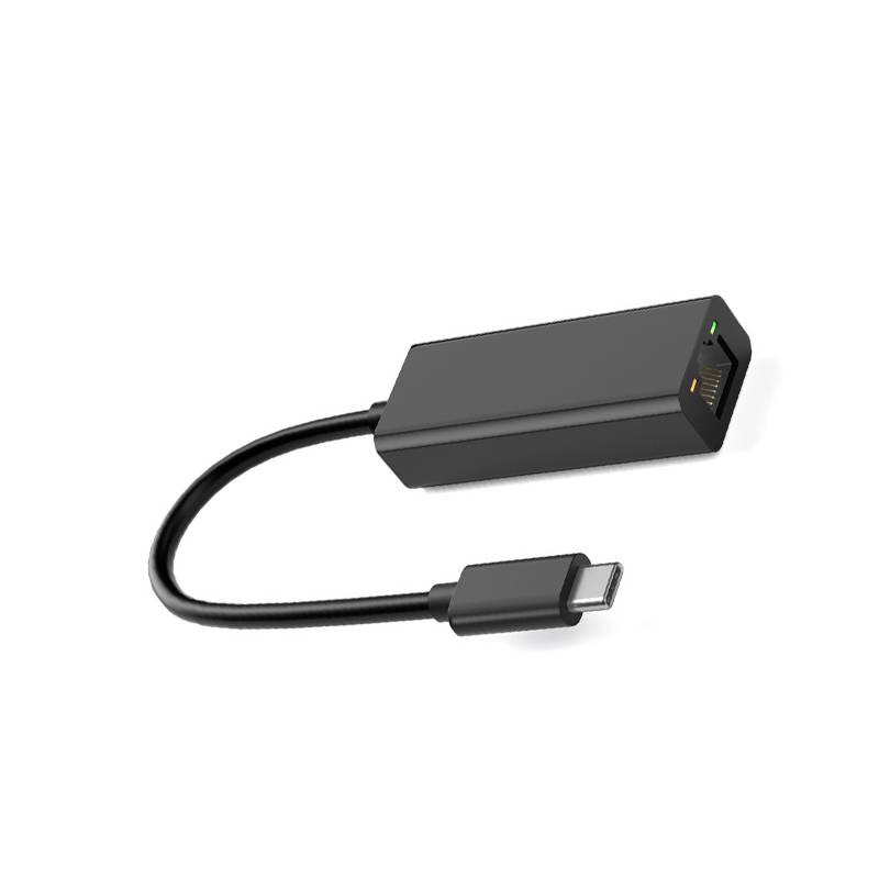 USB-C-Adapterkabel mit einem kleinen rechteckigen Dongle und Ethernet-ähnlichem Anschluss, dargestellt auf weißem Hintergrund.