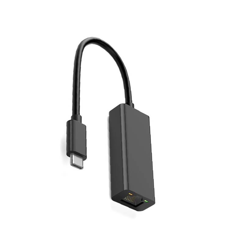 USB-C zu Ethernet-Adapter-Dongle mit kurzem Kabel und USB-C-Stecker, zeigt einen RJ45-Port und eine Statusleuchte.