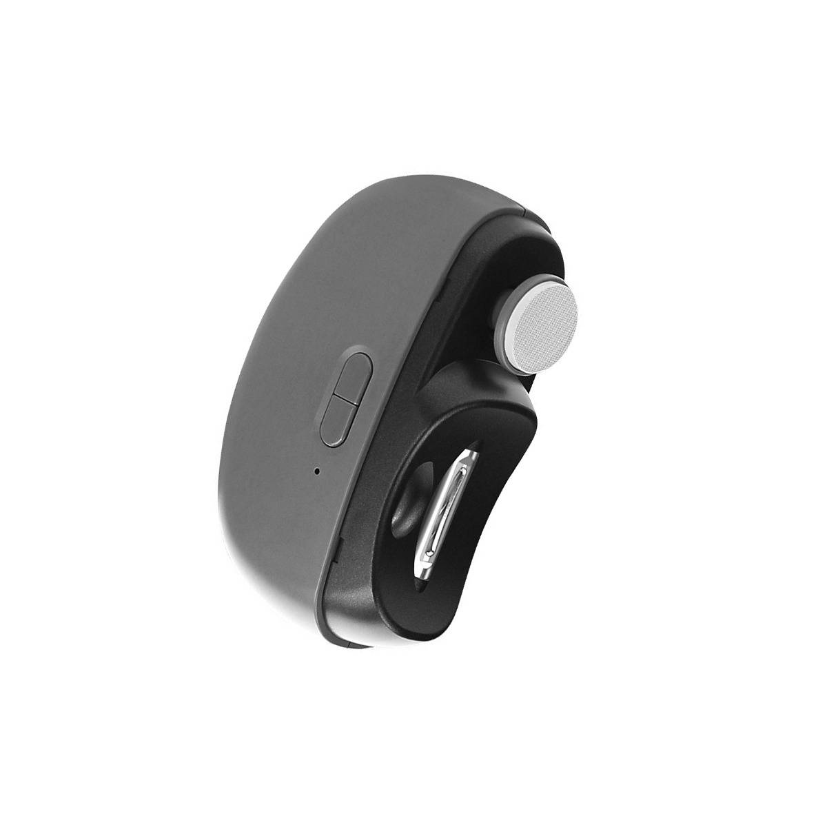 Schwarzes und graues kabelloses Bluetooth-Ohrstück mit einer Seitentaste und silberner Ohrstöpsel auf weißem Hintergrund.