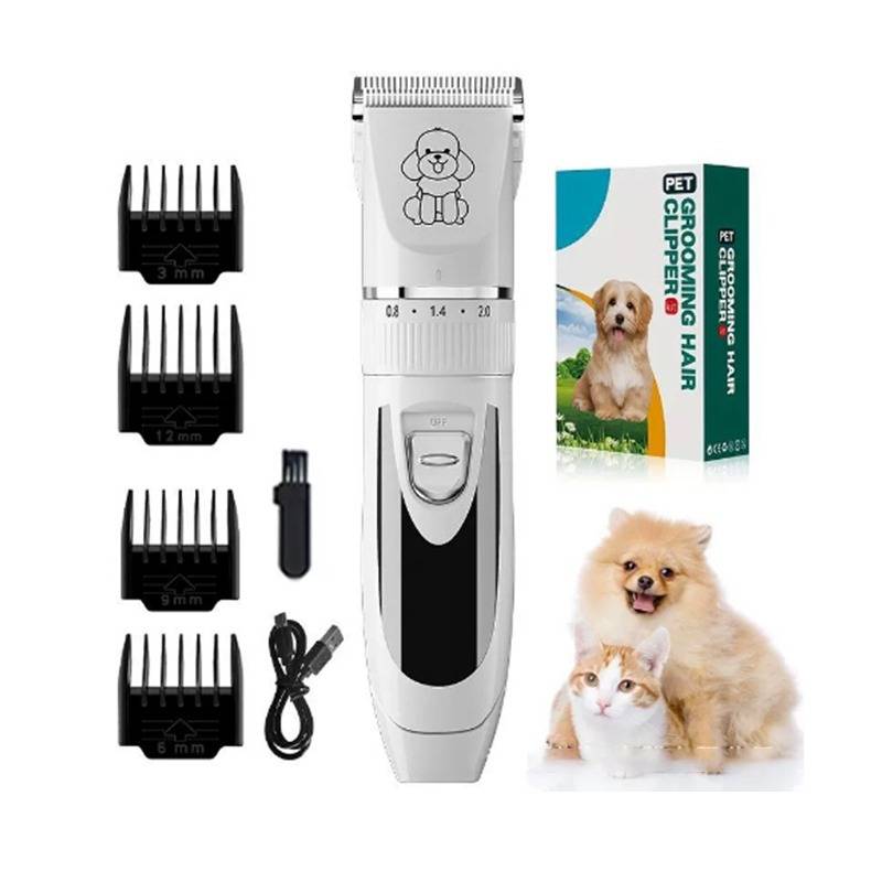 Hunde- und Katzenpflege-Haarschneidemaschinen-Set mit verstellbarem elektrischem Trimmer, vier Führungskämmen, Reinigungsbürste, Ladekabel und Verpackung mit Hund- und Katzabildern.