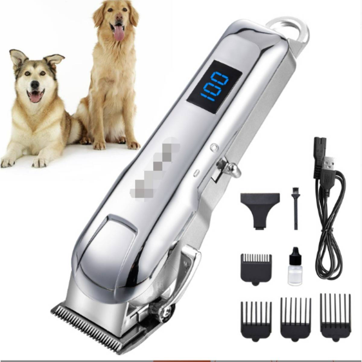 Hundepflege-Scherapparatset mit digitalem Display, Ladekabel, Öl und mehreren Führungskämmen, gezeigt mit zwei Hunden im Hintergrund.