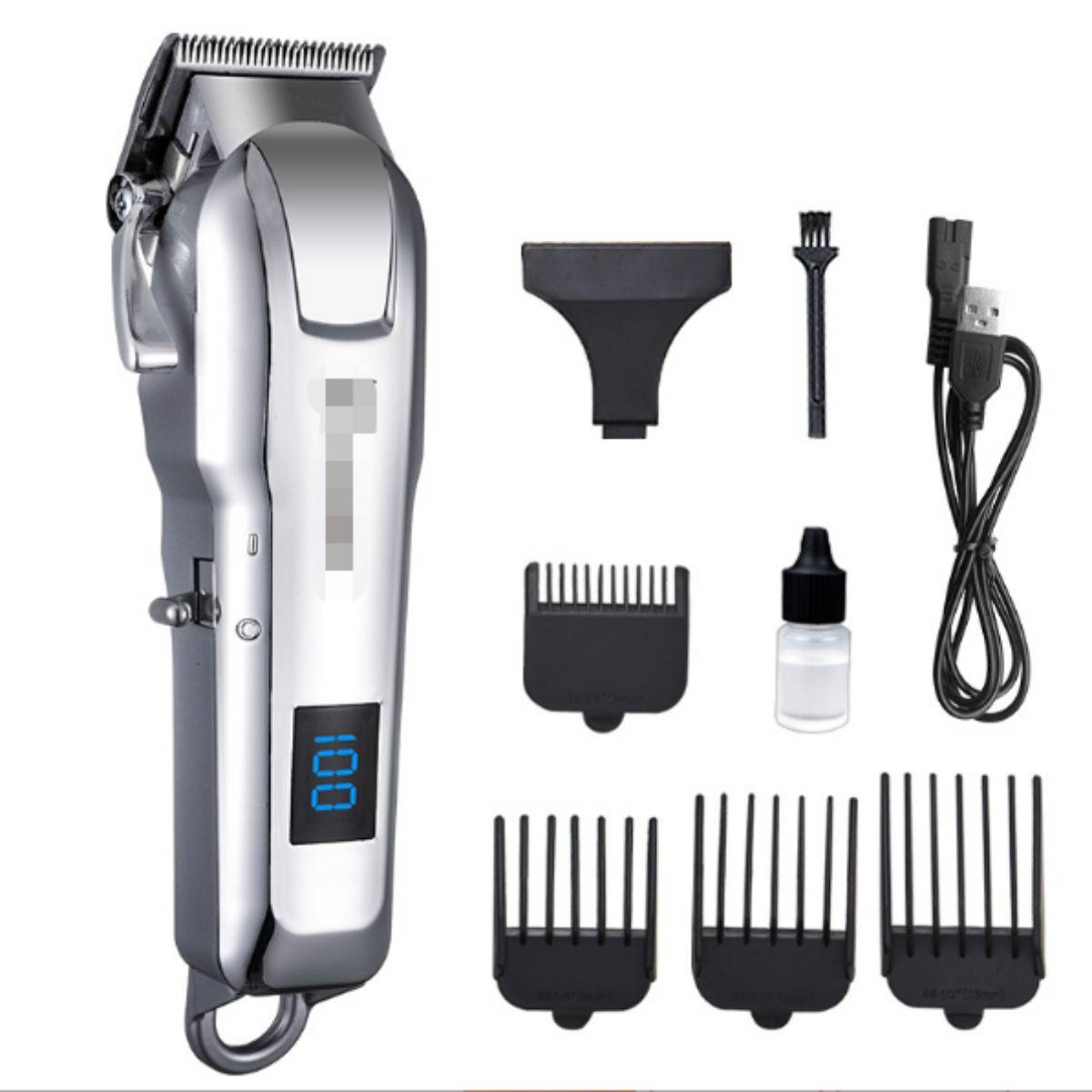 Haarschneidemaschinen-Set mit schnurgebundenem elektrischem Trimmer, USB-Kabel, Schutzkappe für Klingen, Reinigungsbürste, Ölflasche und mehreren Kammaufsätzen.