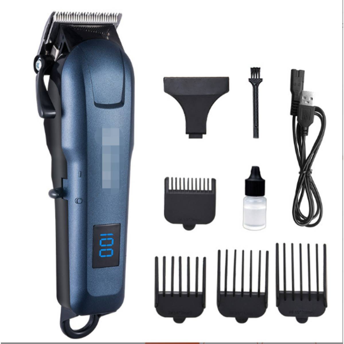 Elektrorasierer-Set mit digitaler Anzeige, Ladekabel, Schutzkappe für Klingen, Reinigungsbürste, Ölflasche und mehreren Kammaufsätzen.