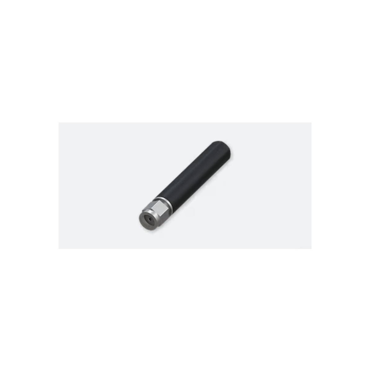 Schwarze zylindrische Vape-Pen-Batterie mit silbernem Gewinde am Ende auf weißem Hintergrund.