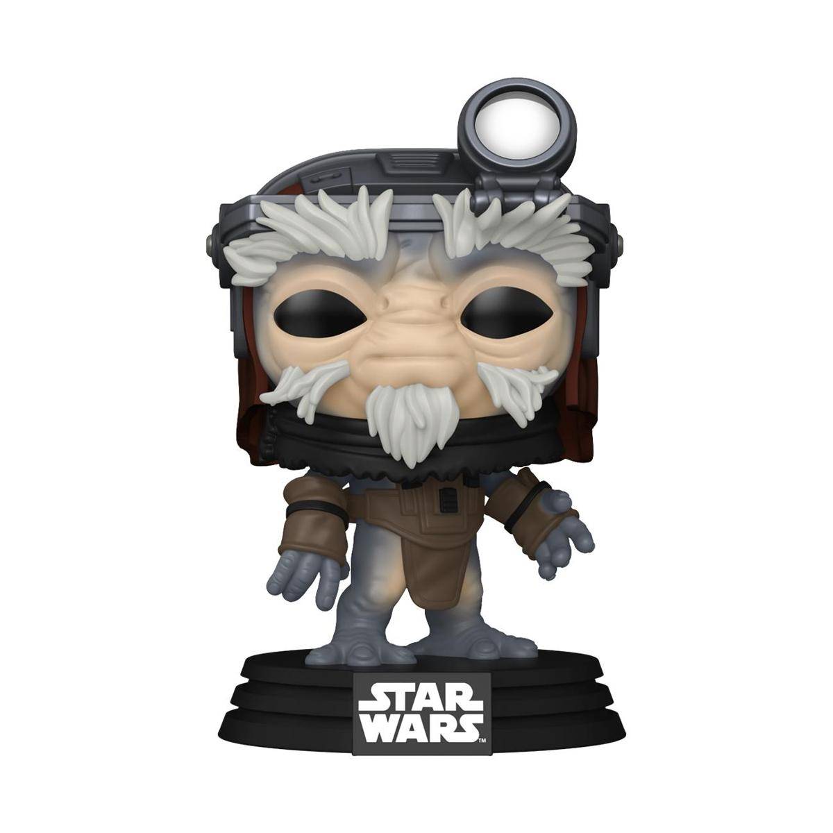 Star Wars Figur eines älteren, weißhaarigen, bärtigen Charakters in einem Kapuzen-Outfit mit einer Stirnlampe, stehend auf einem schwarzen Sockel.