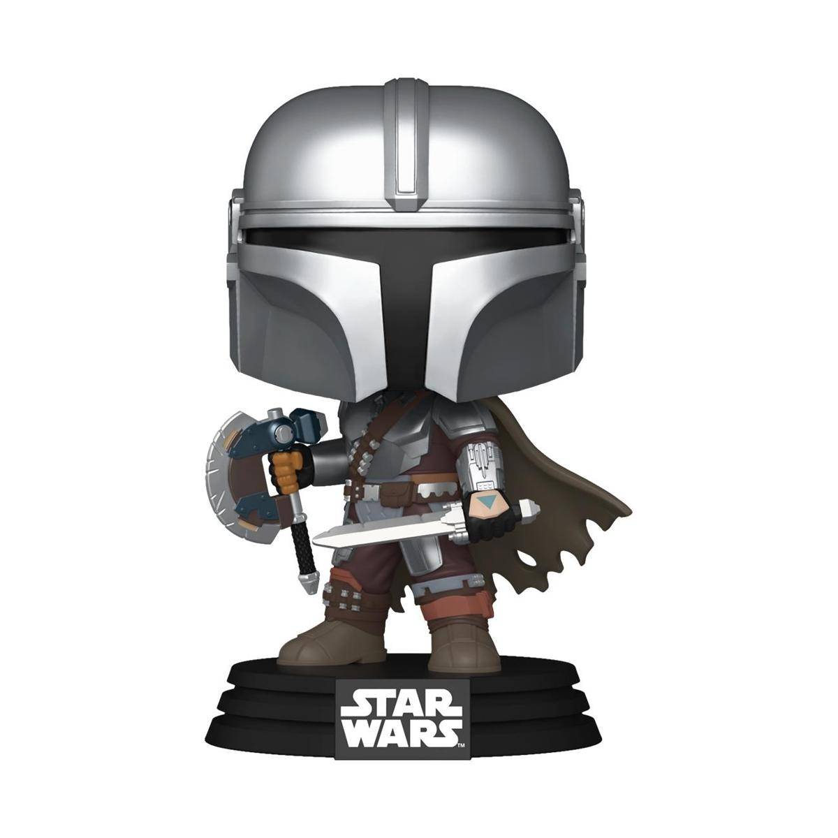 Stilisierte Star-Wars-Figur des Mandalorianers mit Blaster und Klinge, stehend auf schwarzem Sockel mit Star-Wars-Logo.