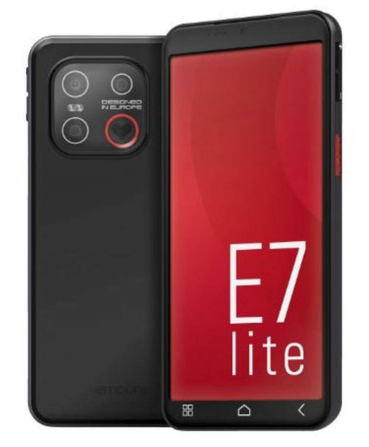 Vorder- und Rückansicht eines schwarzen Smartphones mit einem roten Bildschirm mit der Bezeichnung „E7 lite