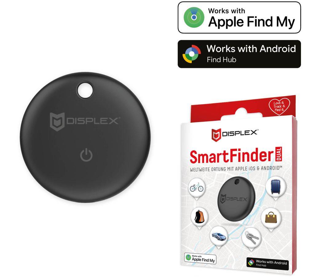 Displex SmartFinder Tracker, ein schwarzes kreisförmiges Bluetooth-Tag, dargestellt mit Verpackung und Abzeichen, die besagen „Funktioniert mit Apple Find My