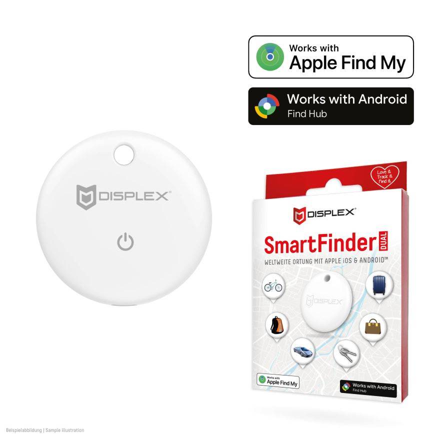 Displex SmartFinder DIAL Tracker mit Schlüsselanhänger und Einschaltknopf, abgebildet neben der Verpackung und Kompatibilitätsabzeichen für Apple Find My und Android Find Hub.