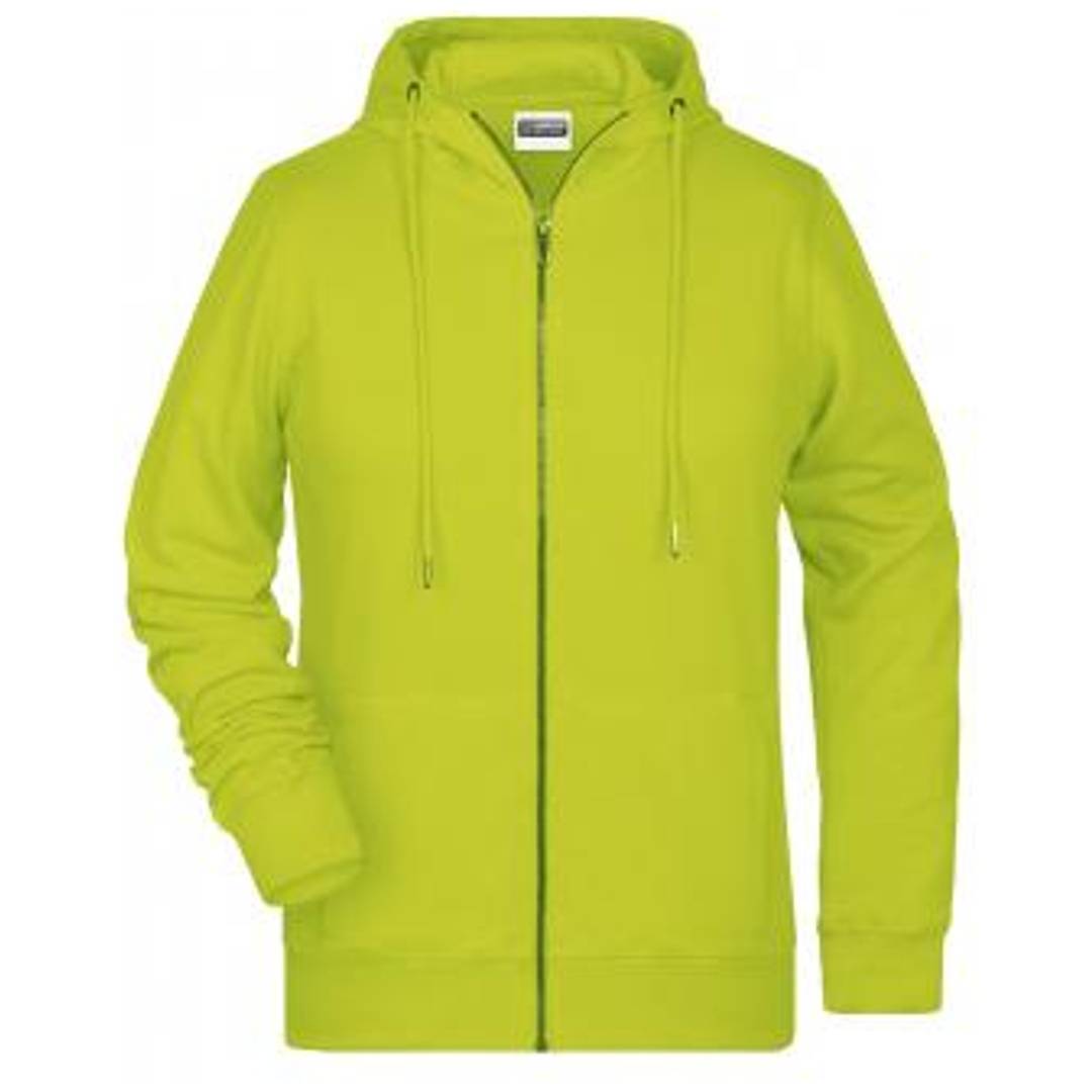 Limegrünes Kapuzen-Sweatshirt mit Reißverschluss und Kordelzügen, Vorderansicht auf einfachem weißem Hintergrund.