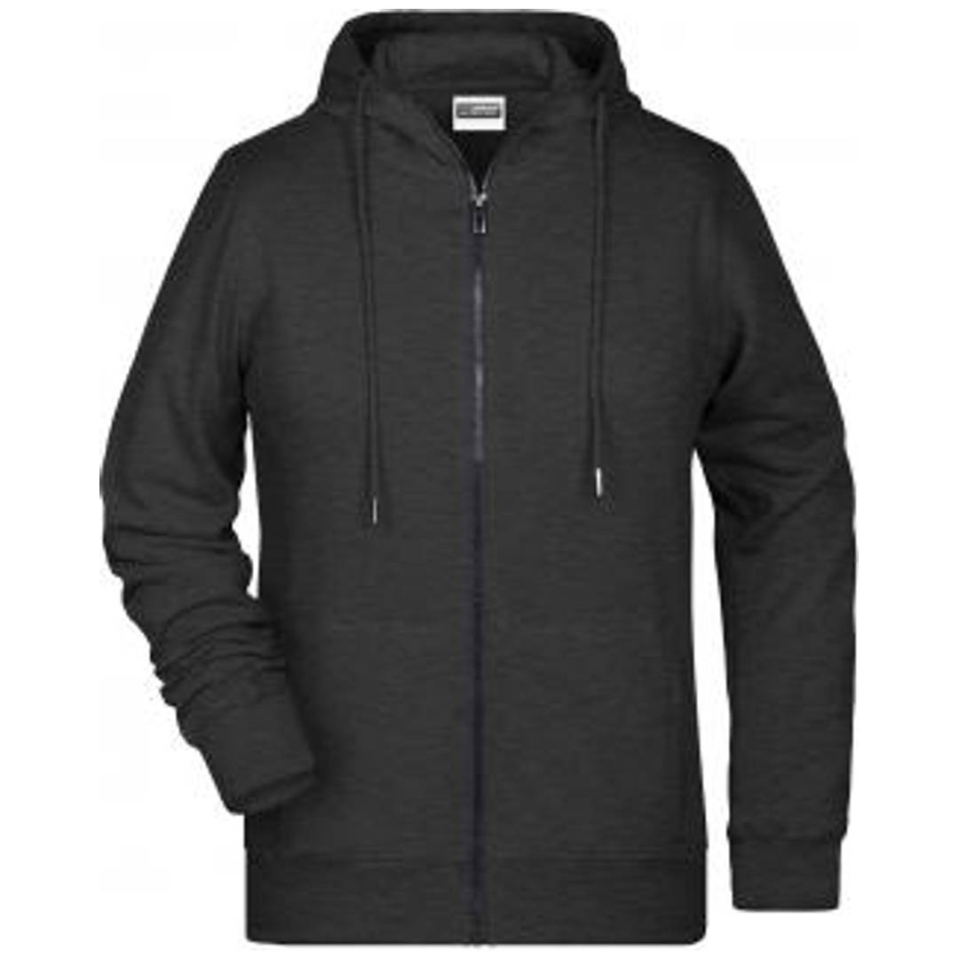 Schwarzer Kapuzenpullover mit Reißverschluss und Kordelzügen, Vorderansicht auf einfarbigem Hintergrund.