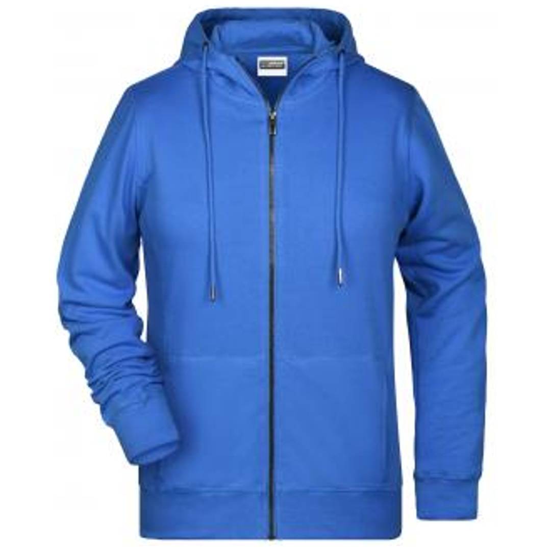 Blauer Reißverschluss-Kapuzenpullover mit Kordelzügen, Vorderansicht auf schlicht weißem Hintergrund.